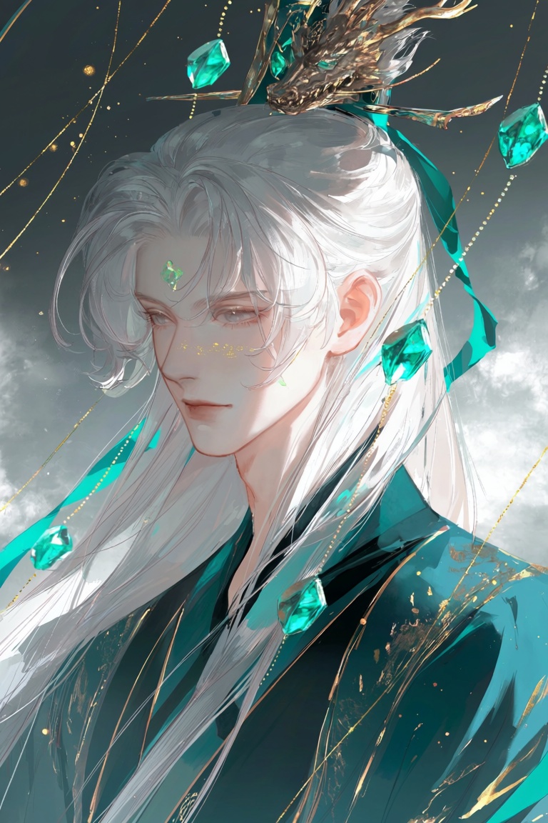 yl1w,  male with long silver-white hair tied with jade green ribbon,  soft grey eyes with golden flecks on Tensor.Art