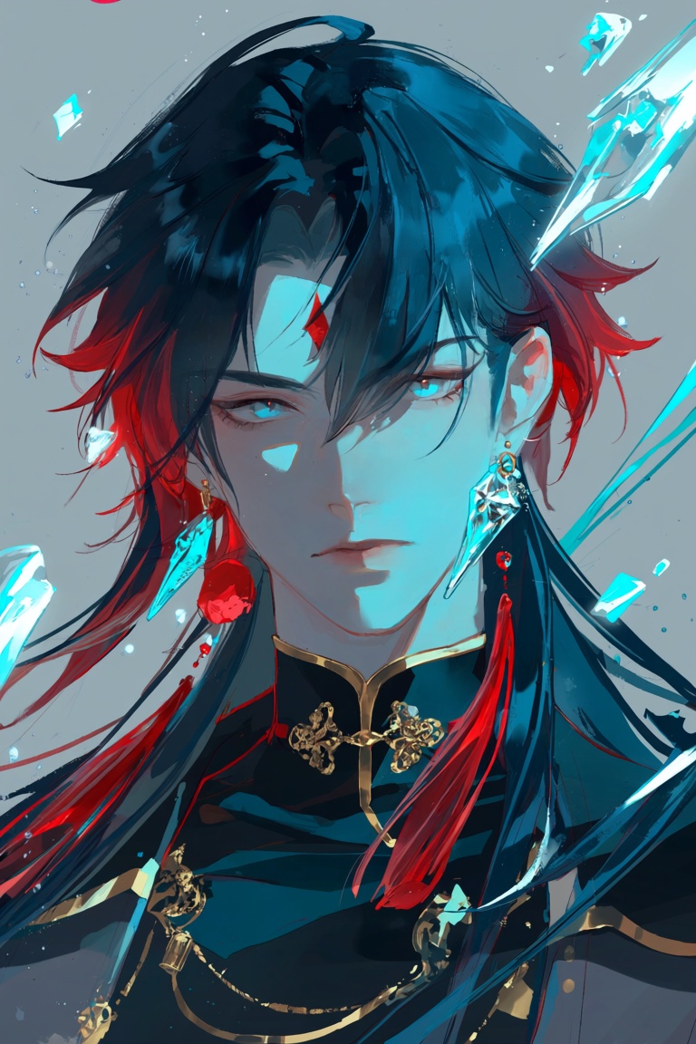 yl1w,  portrait,  male with asymmetrical dark blue hair with crimson red tips on Tensor.Art