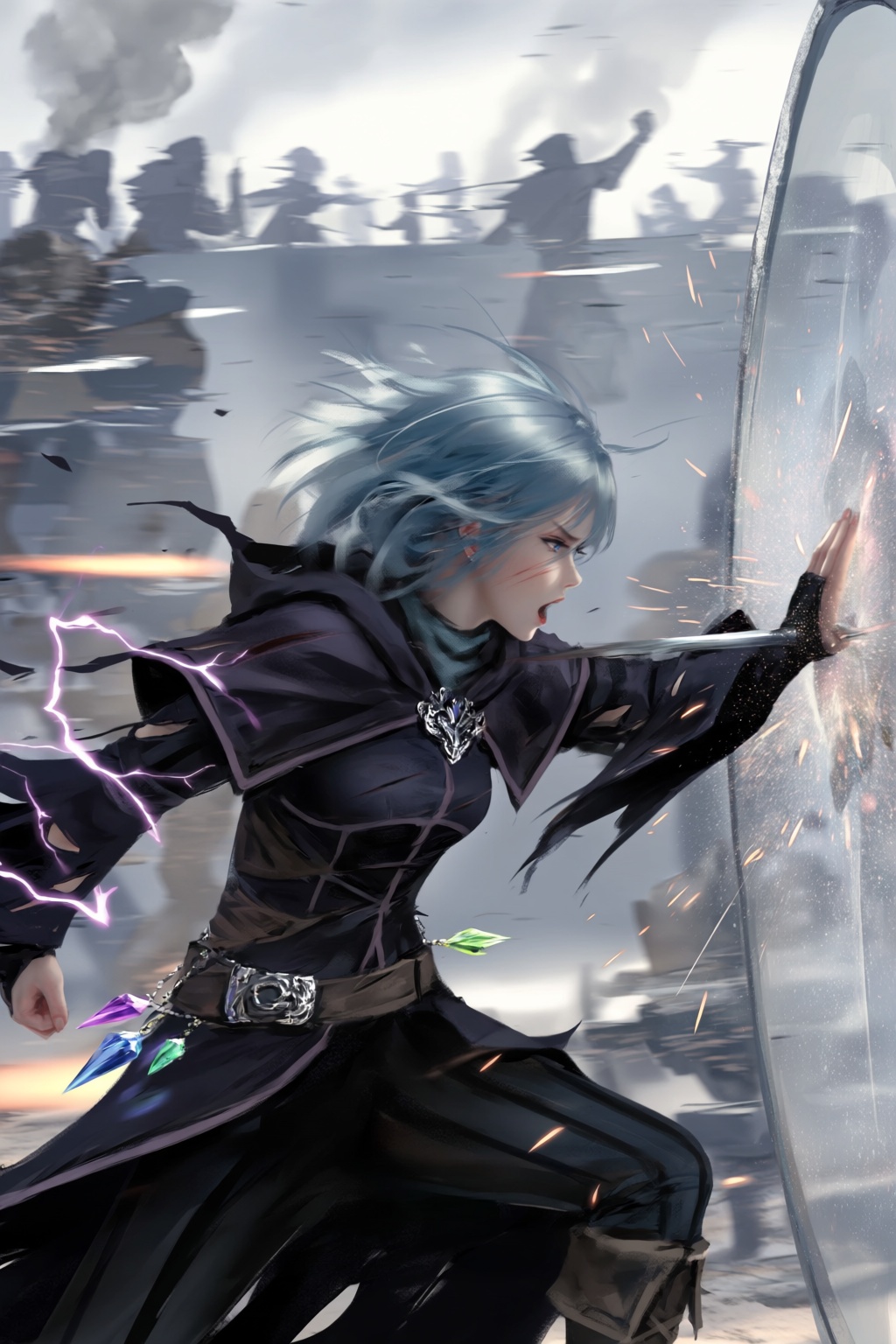 @wl0p,  @wlop,  A dramatic digital illustration shows a battlefield mage mid-cast while deflecting a blade with a glowing...