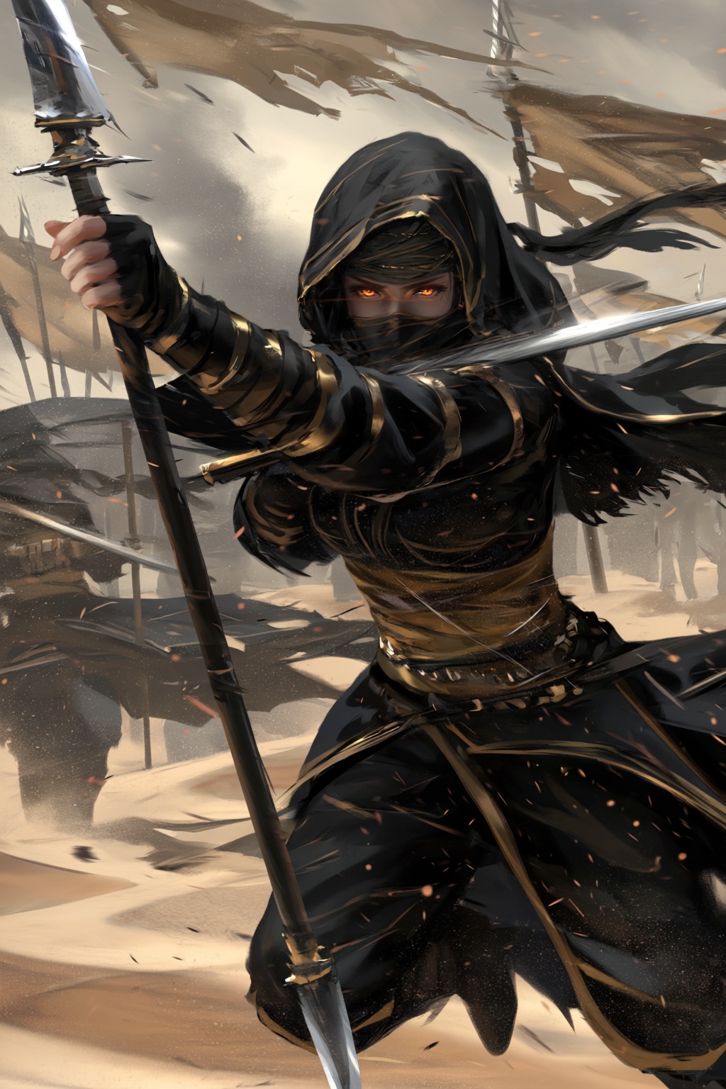 @wl0p,  @wlop,  A dark fantasy illustration shows a desert fighter mid-battle during a violent sandstorm. Their layered bl...