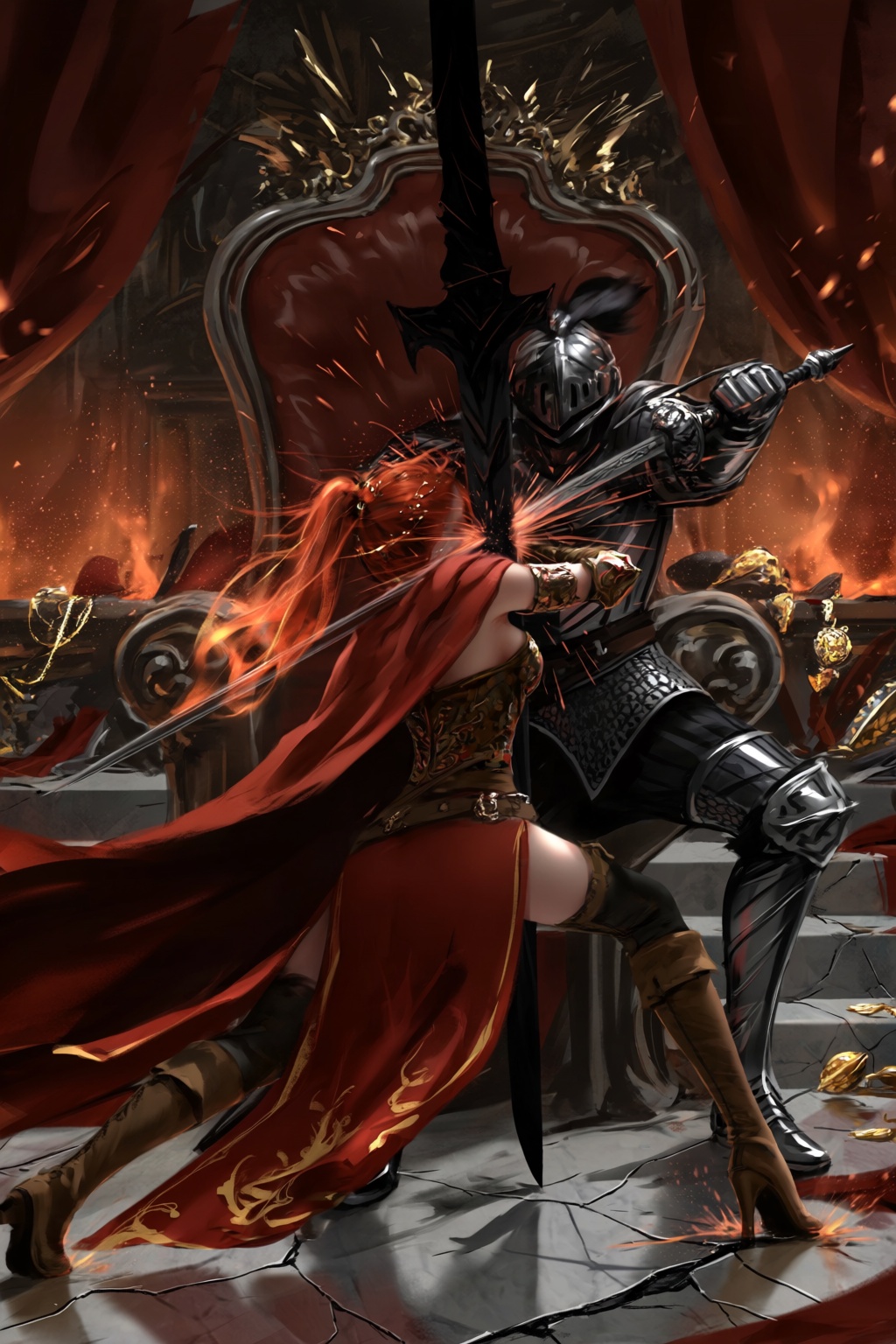 @wl0p,  @wlop,  A cinematic duel scene features a red-cloaked swordswoman clashing blades with a faceless armored knight i...