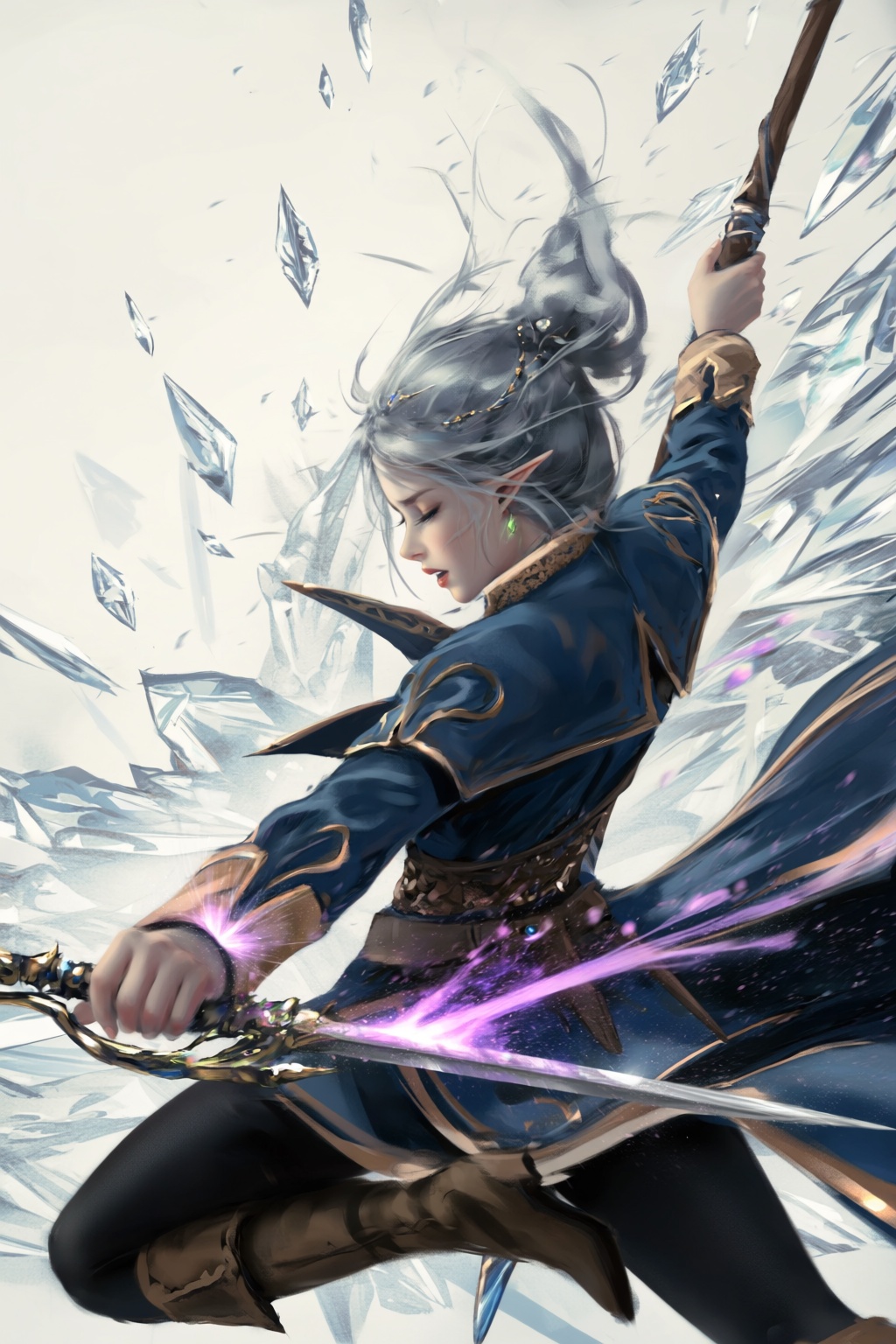 @wl0p,  @wlop A vibrant fantasy illustration shows a silver-haired elf leaping backward as a glowing spear cuts through th...