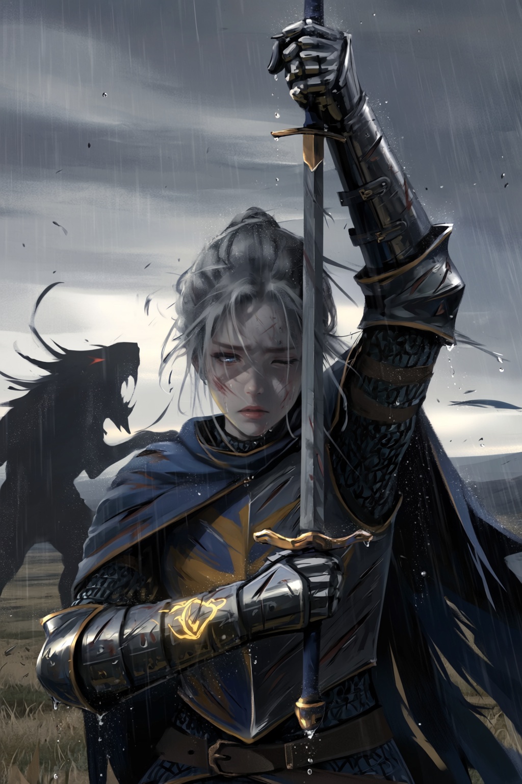 @wl0p,  @wlop,  A moody digital painting portrays a wounded-looking knight raising their sword against a charging shadow b...