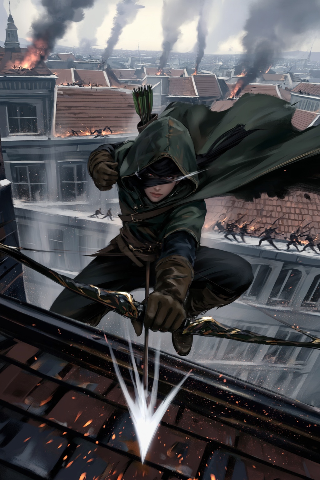 @wl0p,  @wlop,  A cinematic fantasy artwork captures a cloaked archer leaping backward from a collapsing rooftop on Tensor...