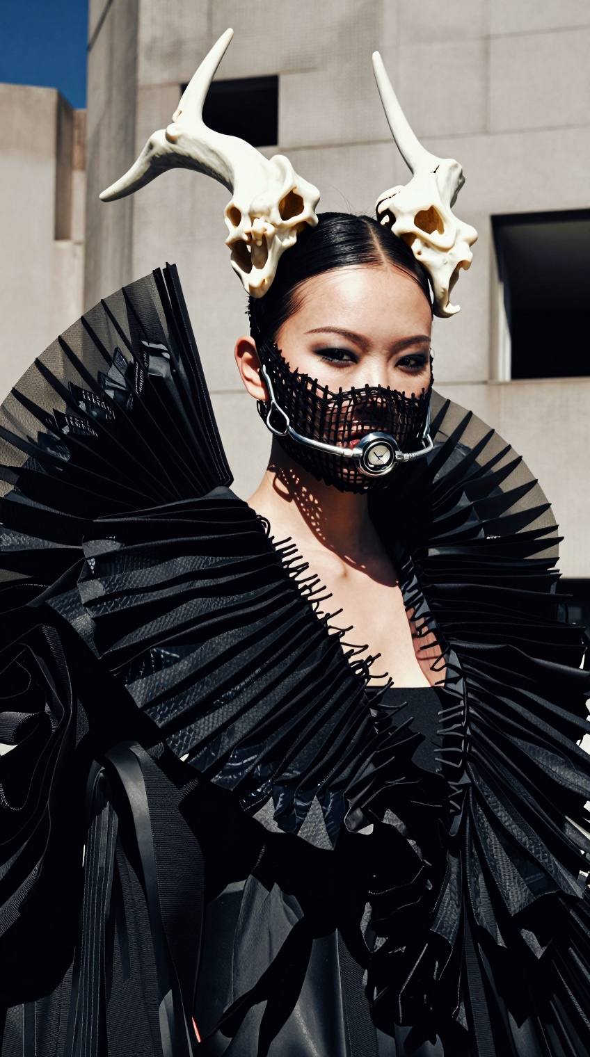 medium close-up,  architectural gothic couture,  black pleated textile on Tensor.Art