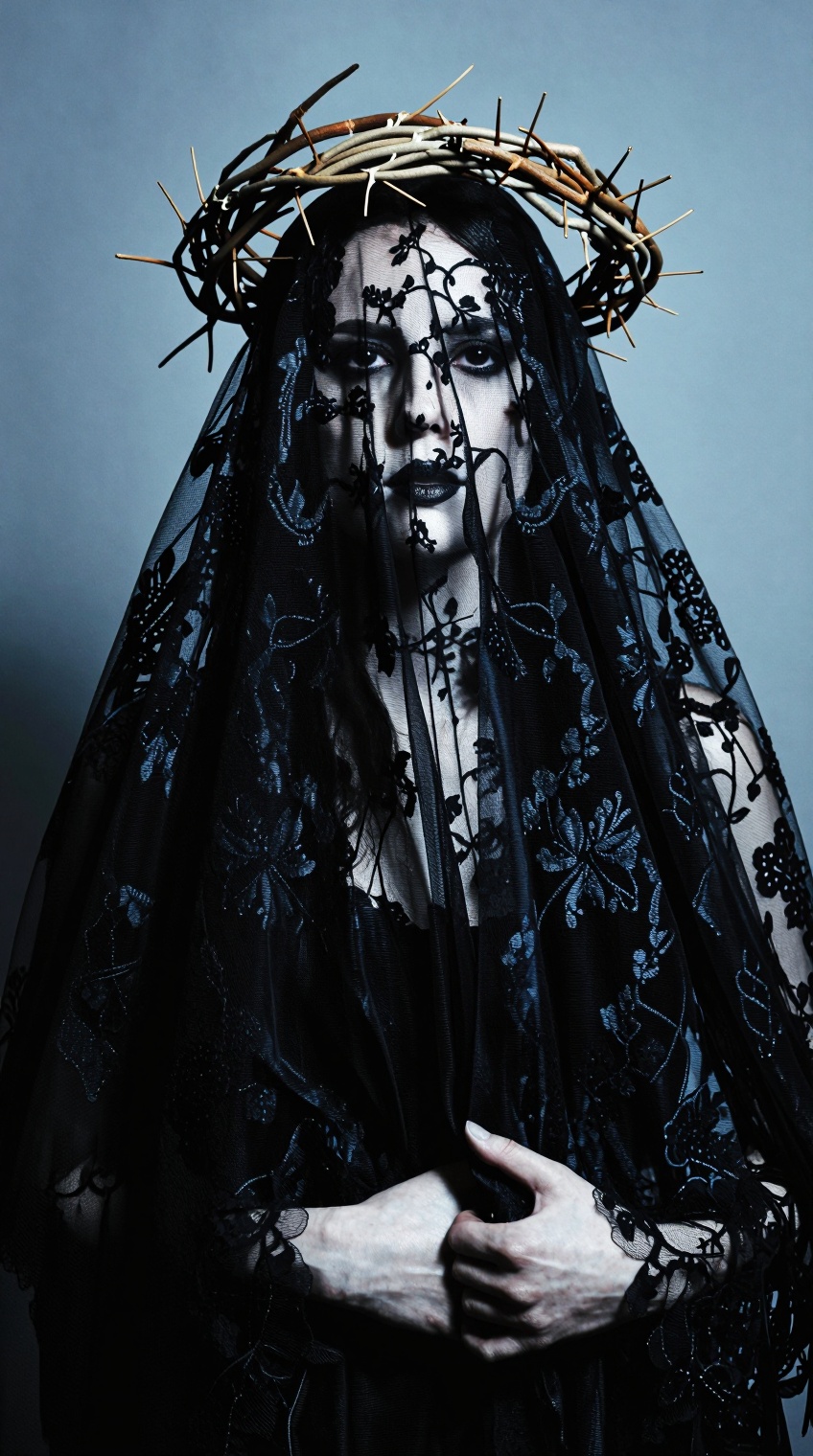occult widow portrait,  black lace veil,  thorn crown on Tensor.Art