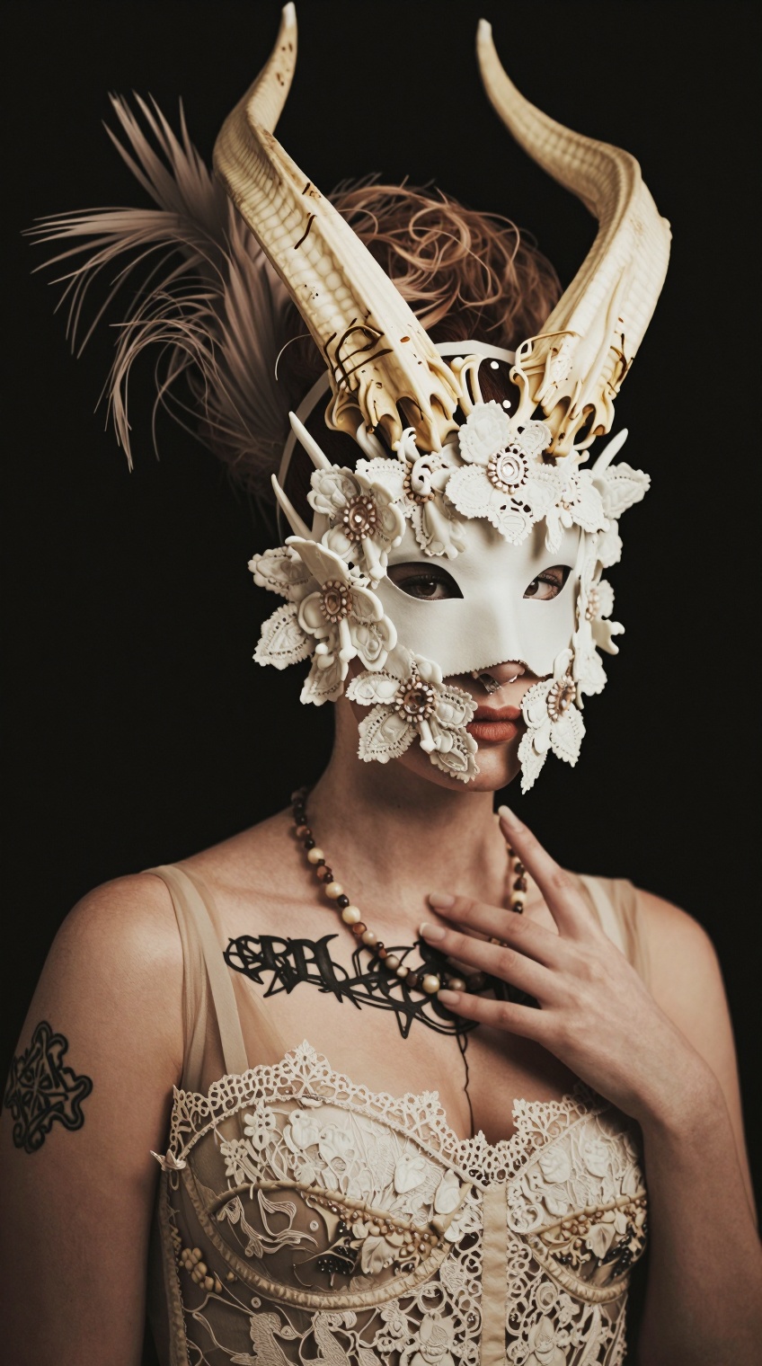 occult couture portrait,  masked female model,  black studio background on Tensor.Art