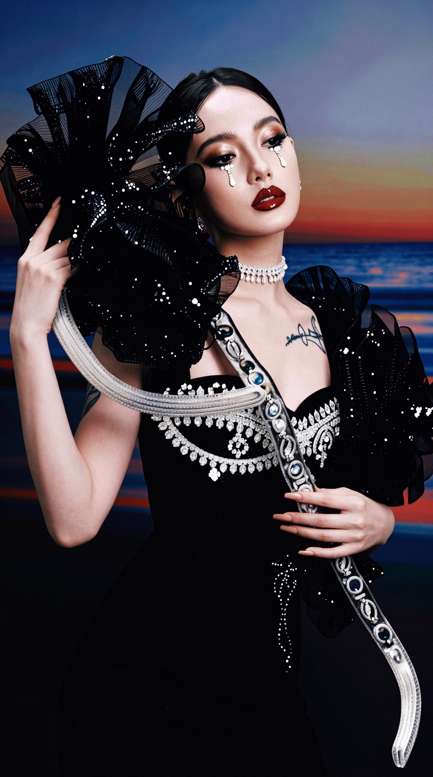 occult glamour editorial,  asian female model,  black couture gown on Tensor.Art