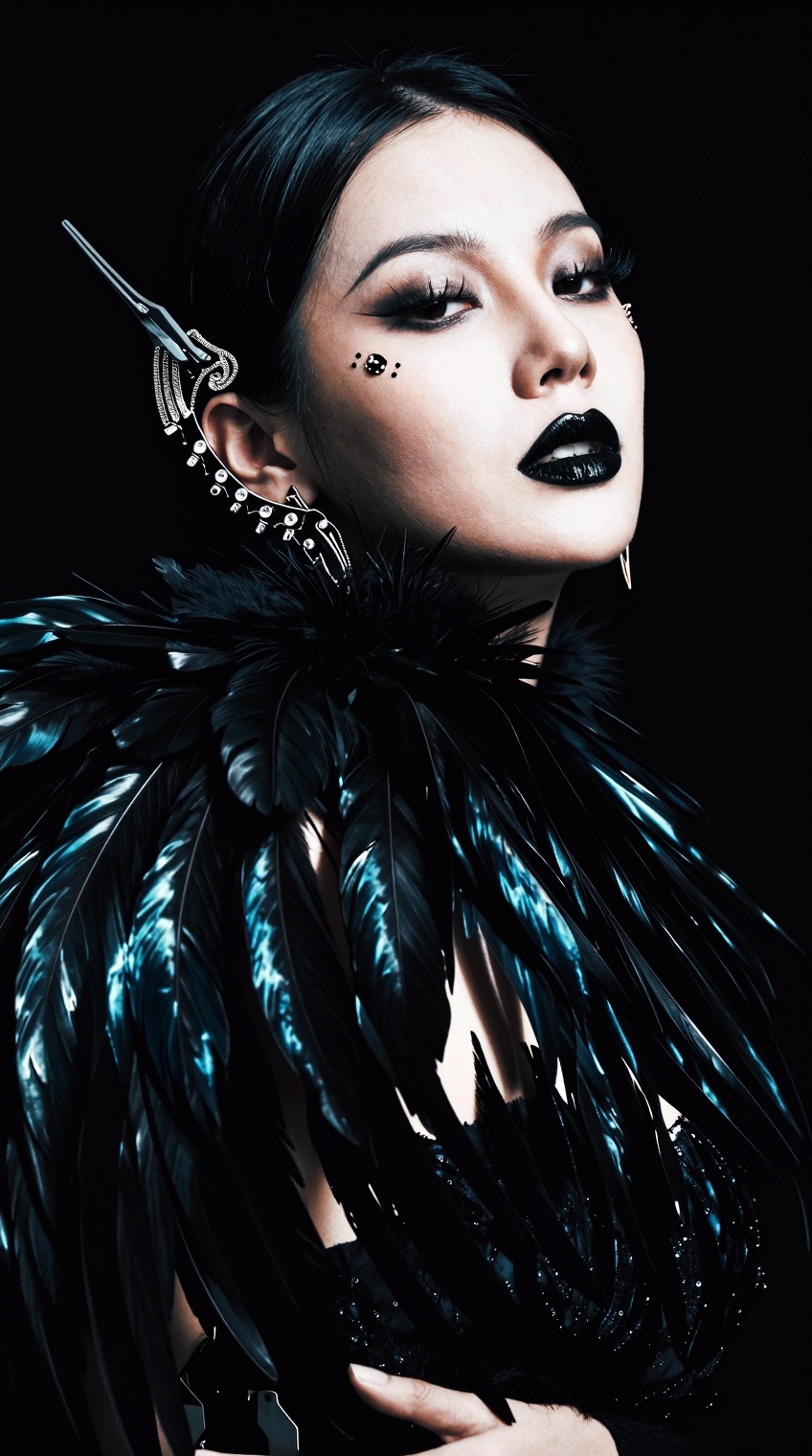 occult cyber gothic portrait,  dark feather couture,  black raven aesthetic on Tensor.Art