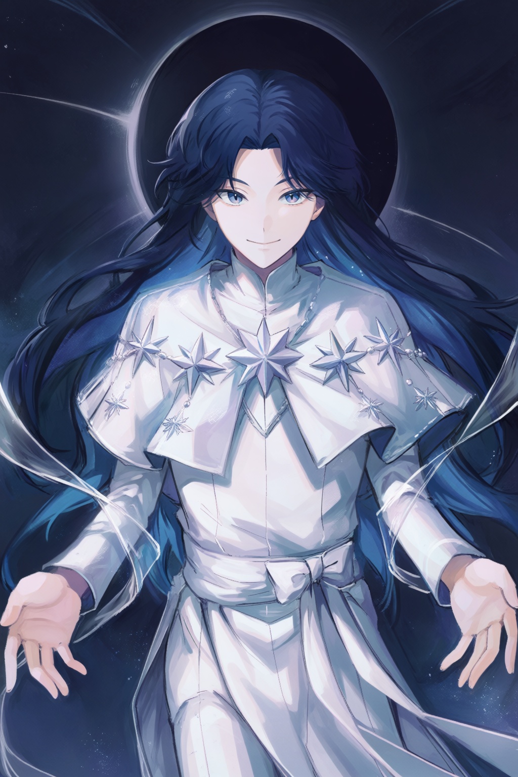 @binamanhwa,  A supernatural digital painting portrays a celestial figure with flowing midnight-blue hair and luminous sil...