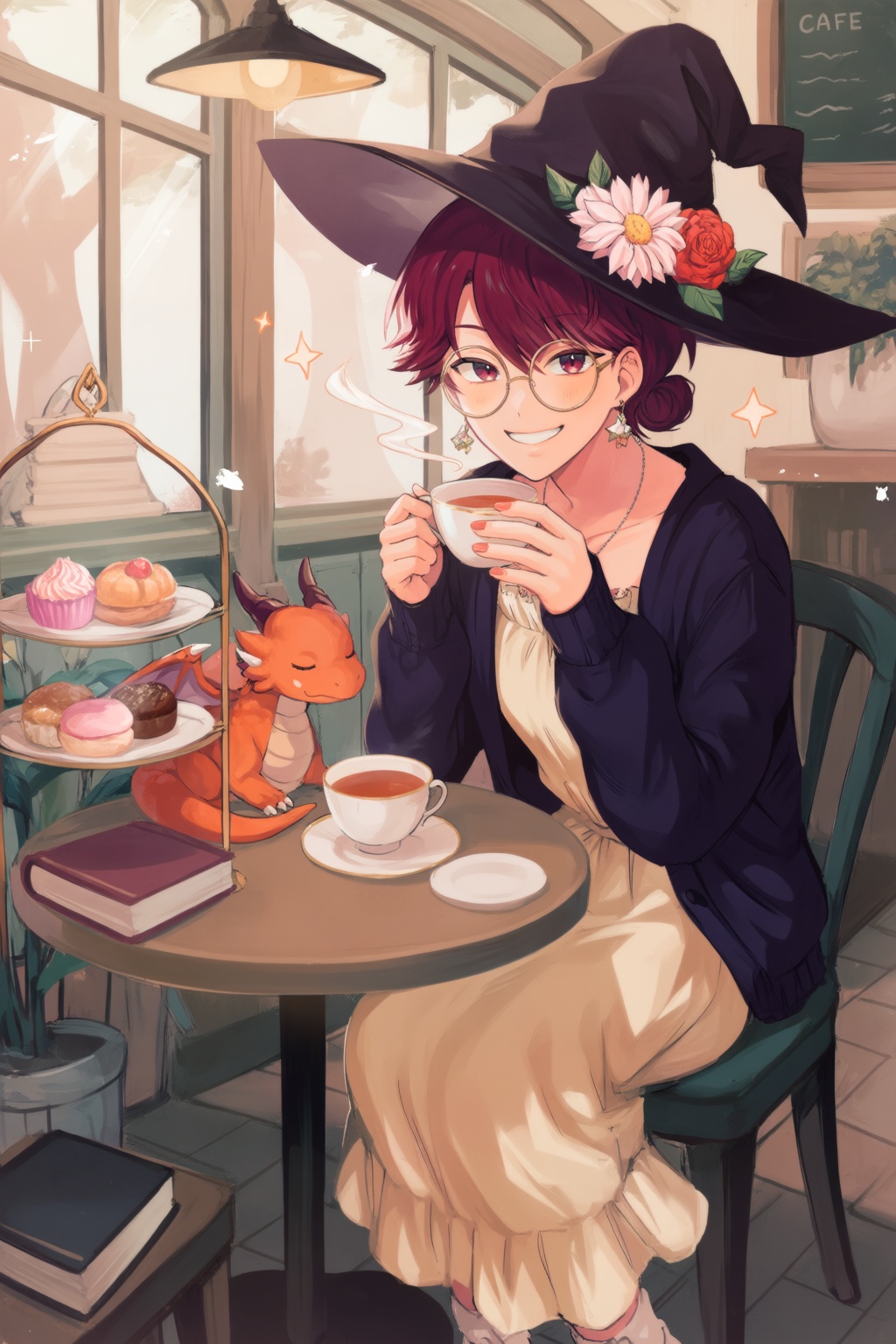@binamanhwa,  15 - A cozy anime-inspired illustration depicts a young witch sitting at a café table with a tiny dragon cur...