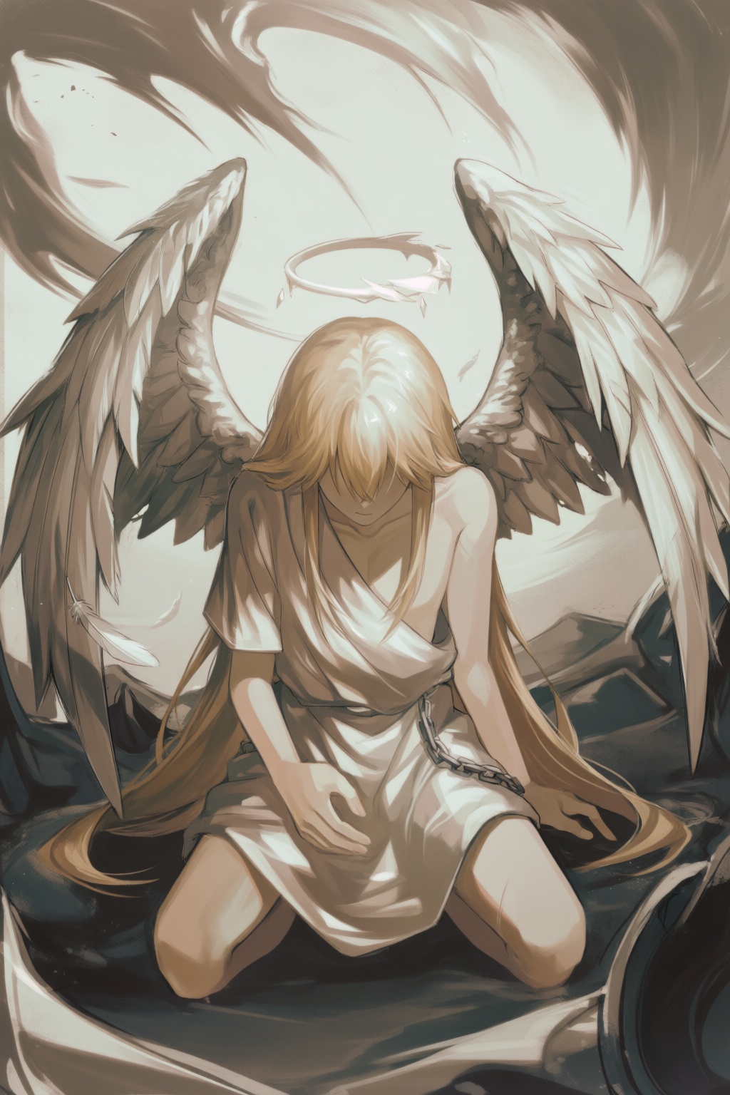 @binamanhwa,  A melancholic digital illustration depicts a celestial being in a state of sorrowful grace. The figure is kn...