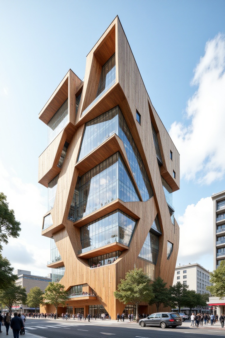The image depicts a striking,  multi-story building with a unique,  angular design. The structure is characterized by its...