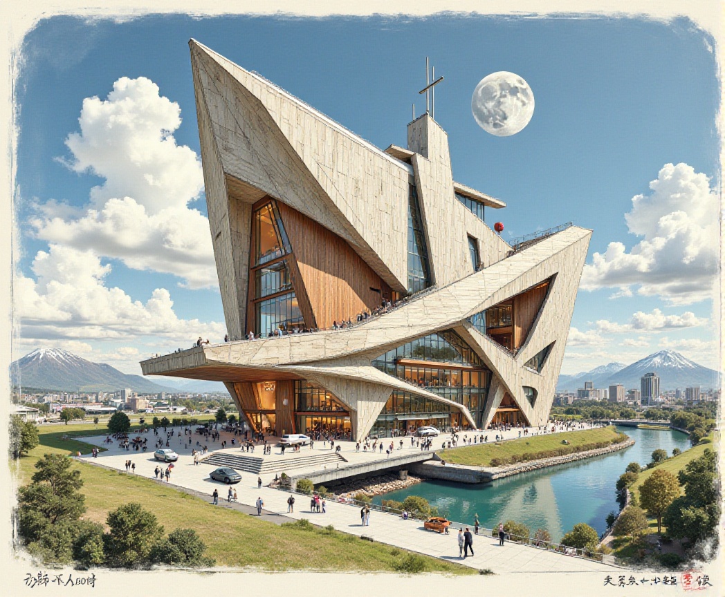 Beautiful modern spaceship with section design,  like church,  green land on Tensor.Art