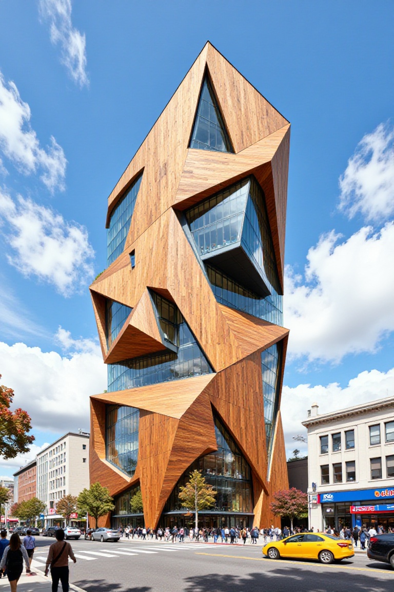 Captured at eye-level on a vibrant day,  a multi-story building stands tall,  adorned with a unique combination of wooden...