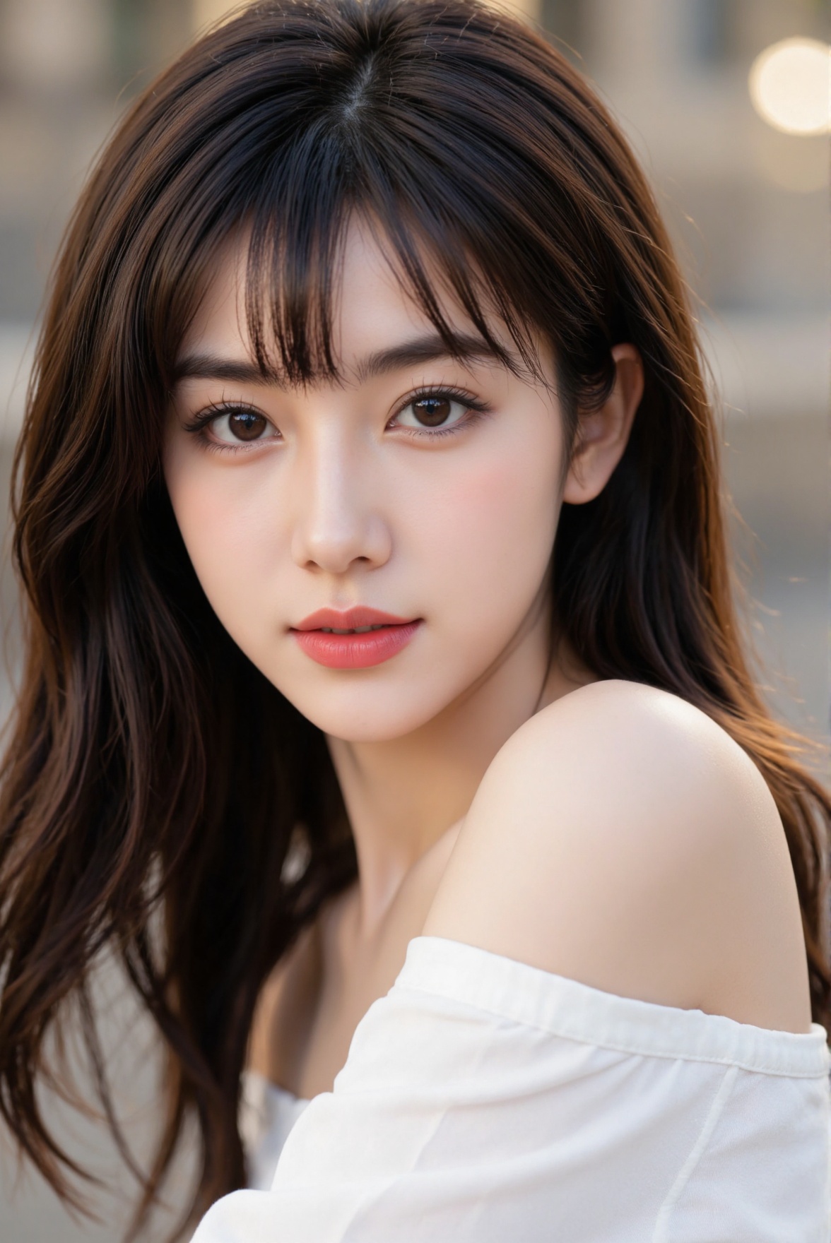 Create a realistic close-up of a 1girl,  a Chinese girl with a beautiful face and long hair,  dark hair. She has bangs tha...
