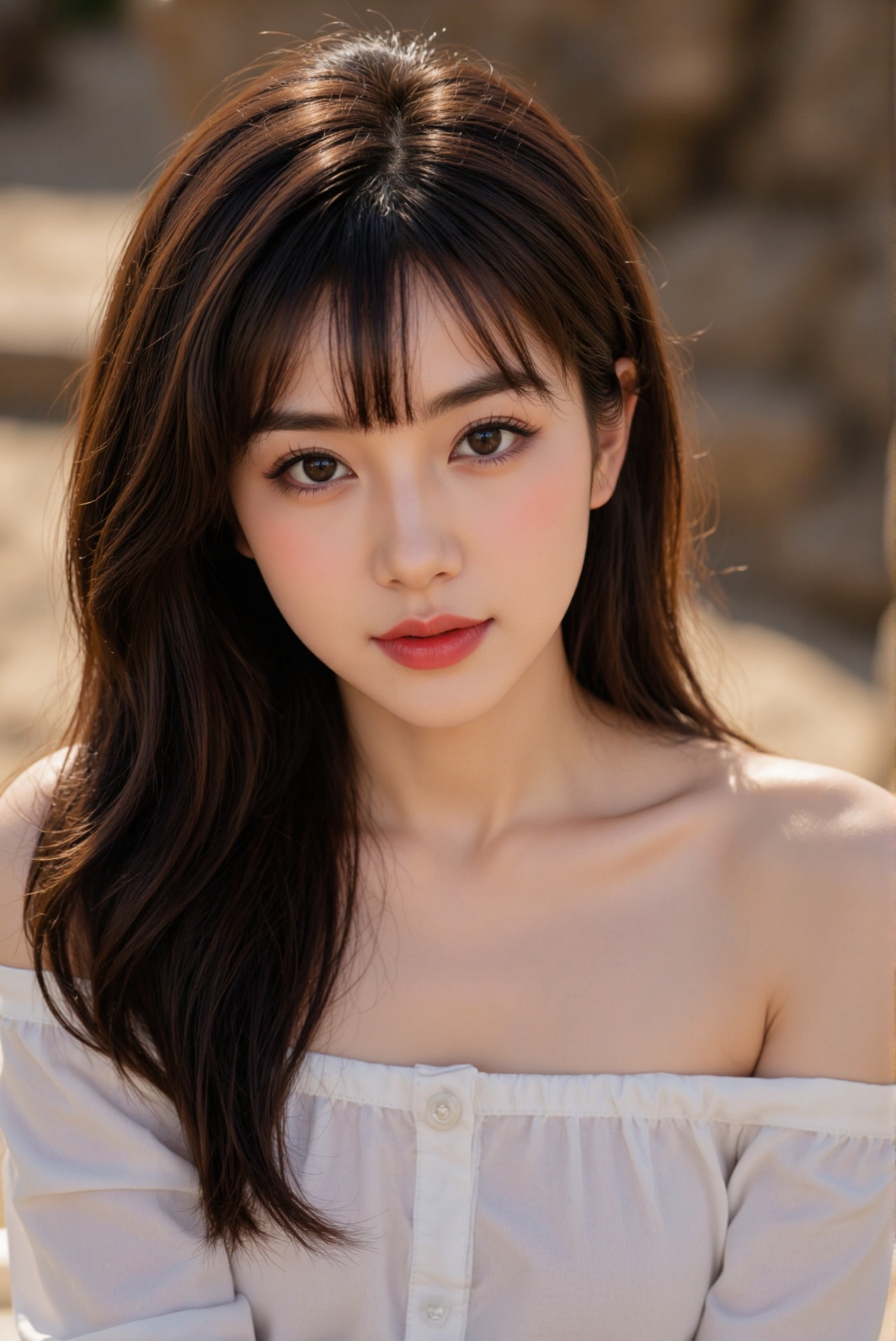 Create a realistic close-up of a 1girl,  a Chinese girl with a beautiful face and long hair,  dark hair. She has bangs tha...