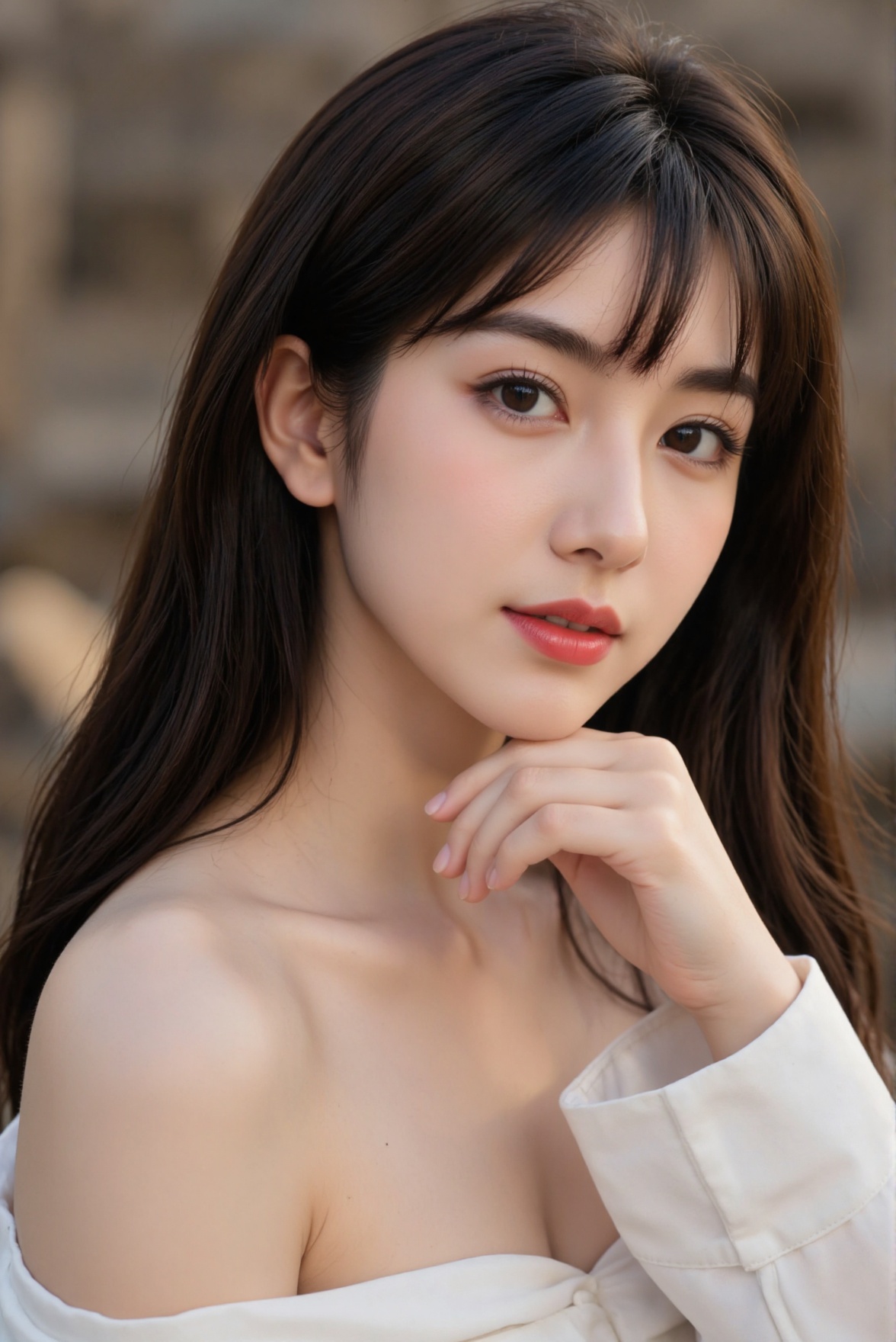 Create a realistic close-up of a 1girl,  a Chinese girl with a beautiful face and long hair,  dark hair. She has bangs tha...