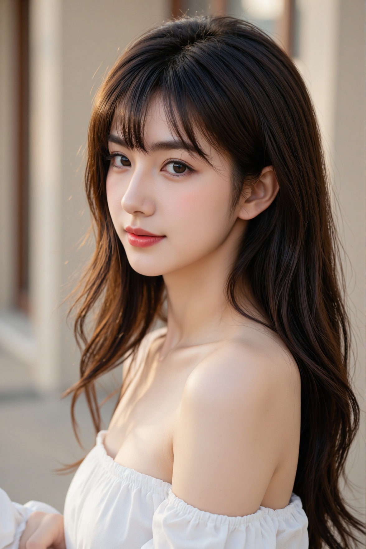 Create a realistic close-up of a 1girl,  a Chinese girl with a beautiful face and long hair,  dark hair. She has bangs tha...