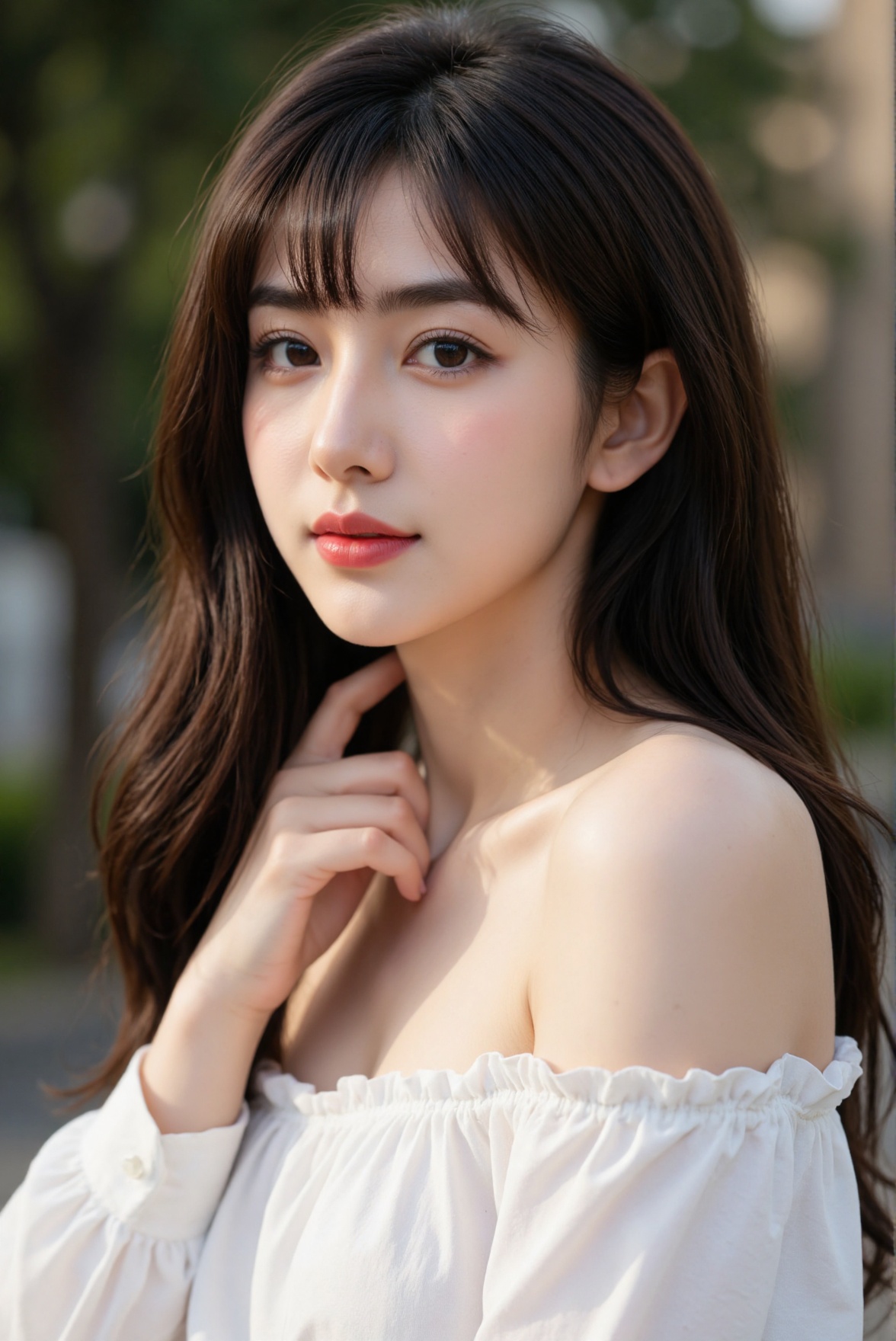Create a realistic close-up of a 1girl,  a Chinese girl with a beautiful face and long hair,  dark hair. She has bangs tha...
