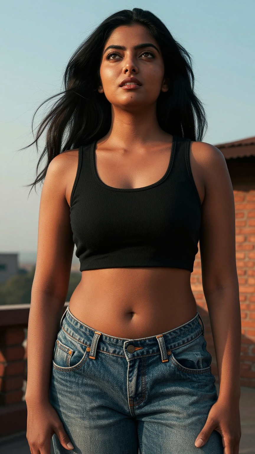 Extreme low-angle cinematic shot from ground level looking upward into the sky,  featuring a striking young South Asian wo...