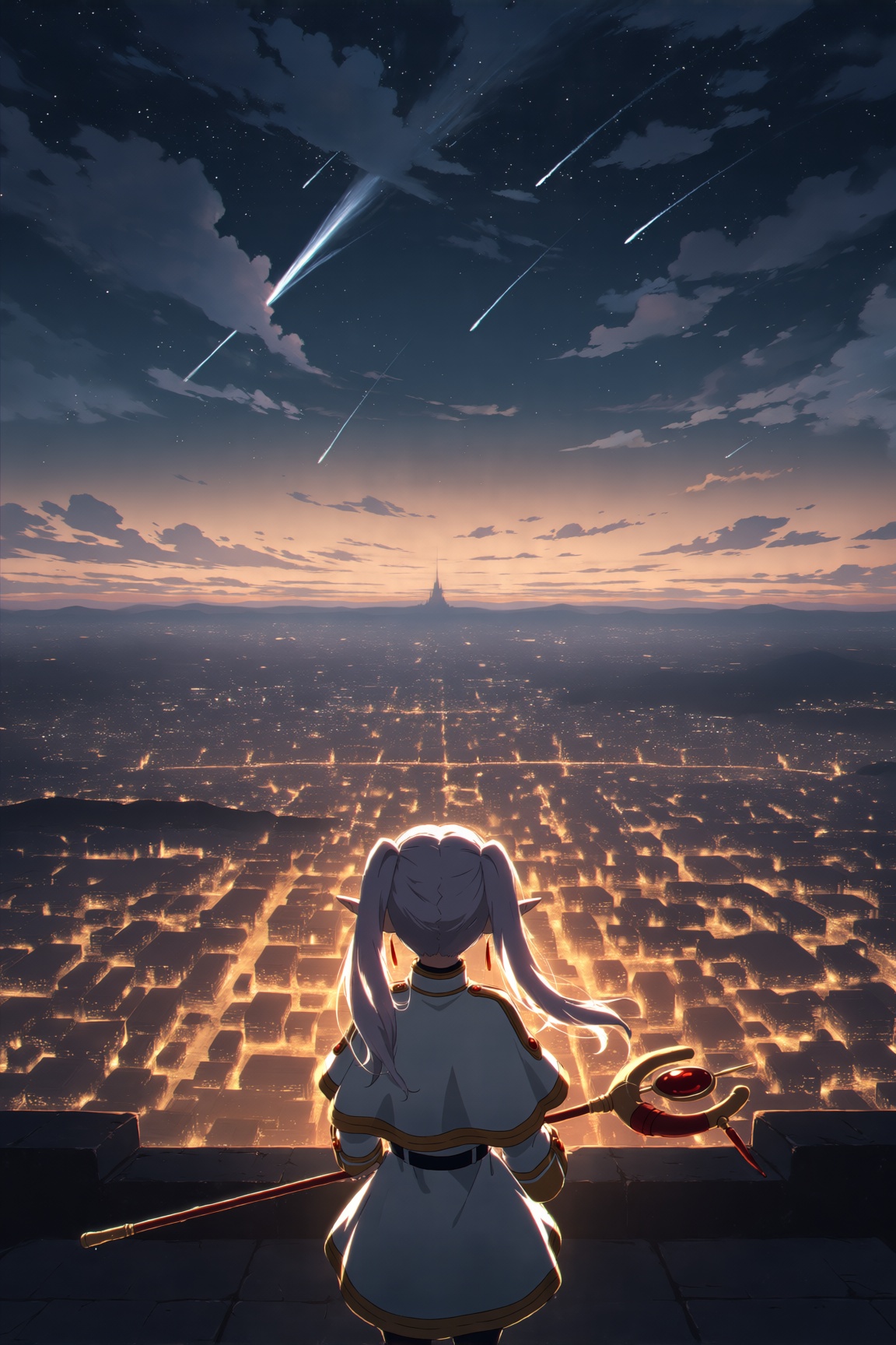 This is an anime-style digital illustration of a elf girl,  frieren,  standing and looking out over a vast on Tensor.Art