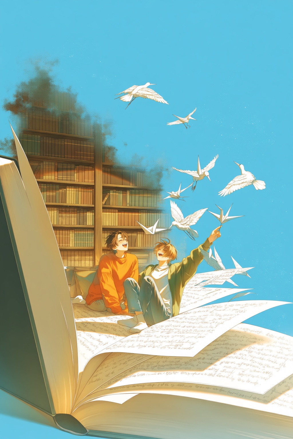 @re,  A painterly scene shows two friends sitting on a giant open book,  while birds made of handwritten letters fly from...