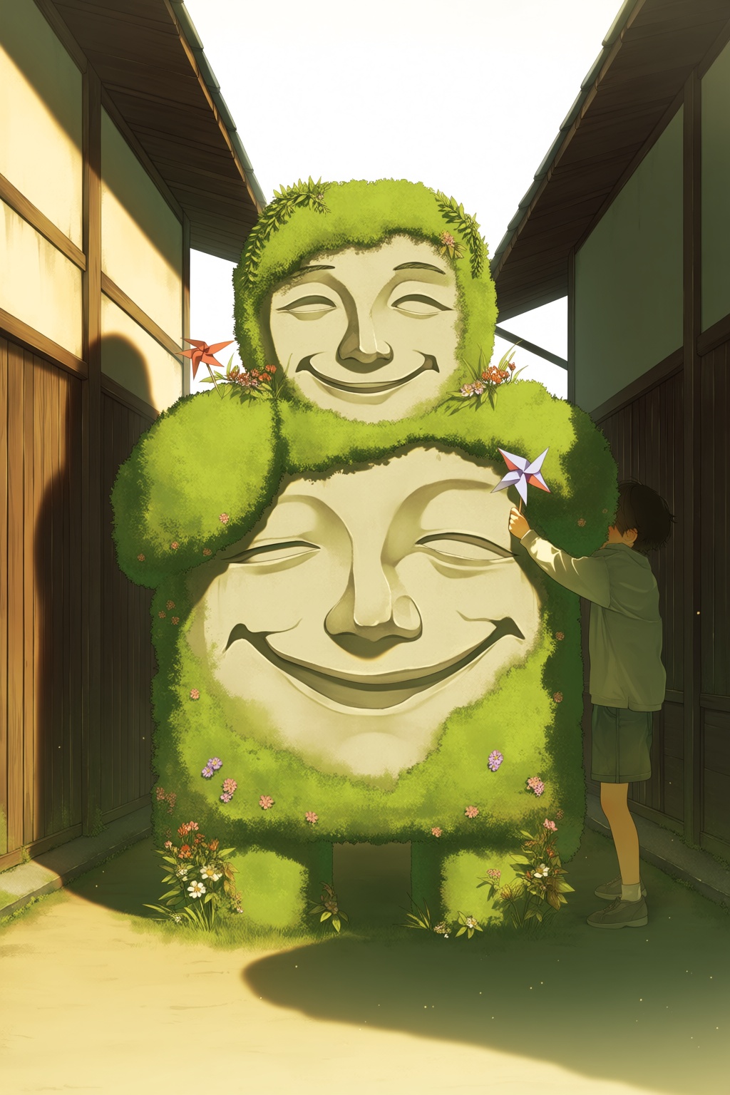 @re,  A gentle nurikabe wall yokai is reimagined as a friendly stone guardian in a quiet village alley,  shown from a low...