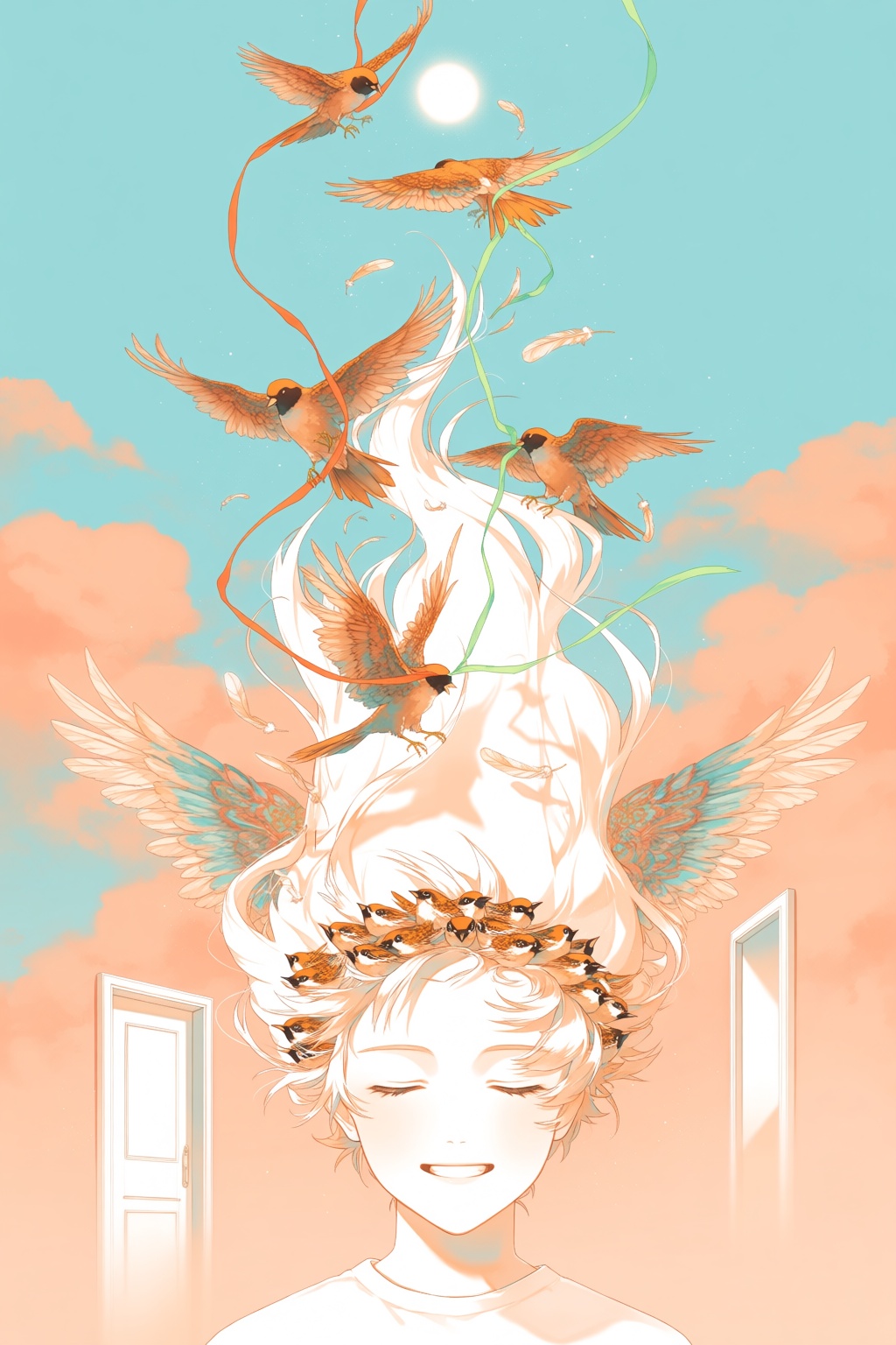 @re,  A surreal portrait of a person wearing a crown of tiny sparrows,  each bird holding a ribbon of colored light in its...