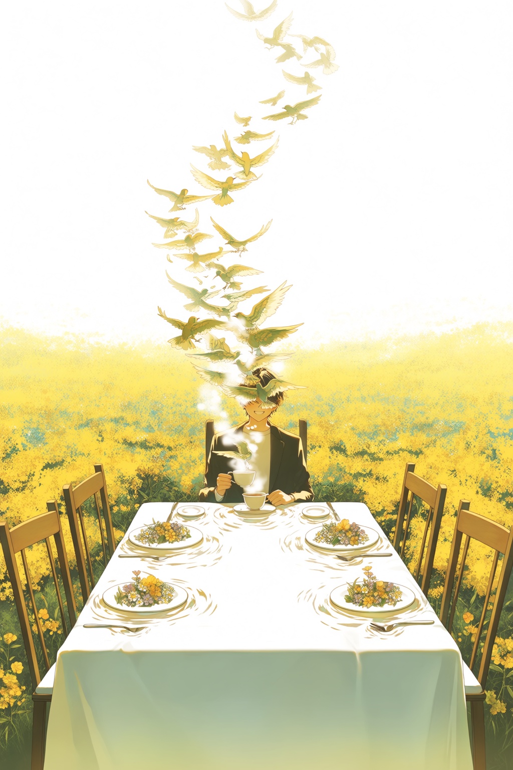 @re,  A painterly fantasy illustration depicts a smiling figure seated at a breakfast table in the middle of a blooming fi...