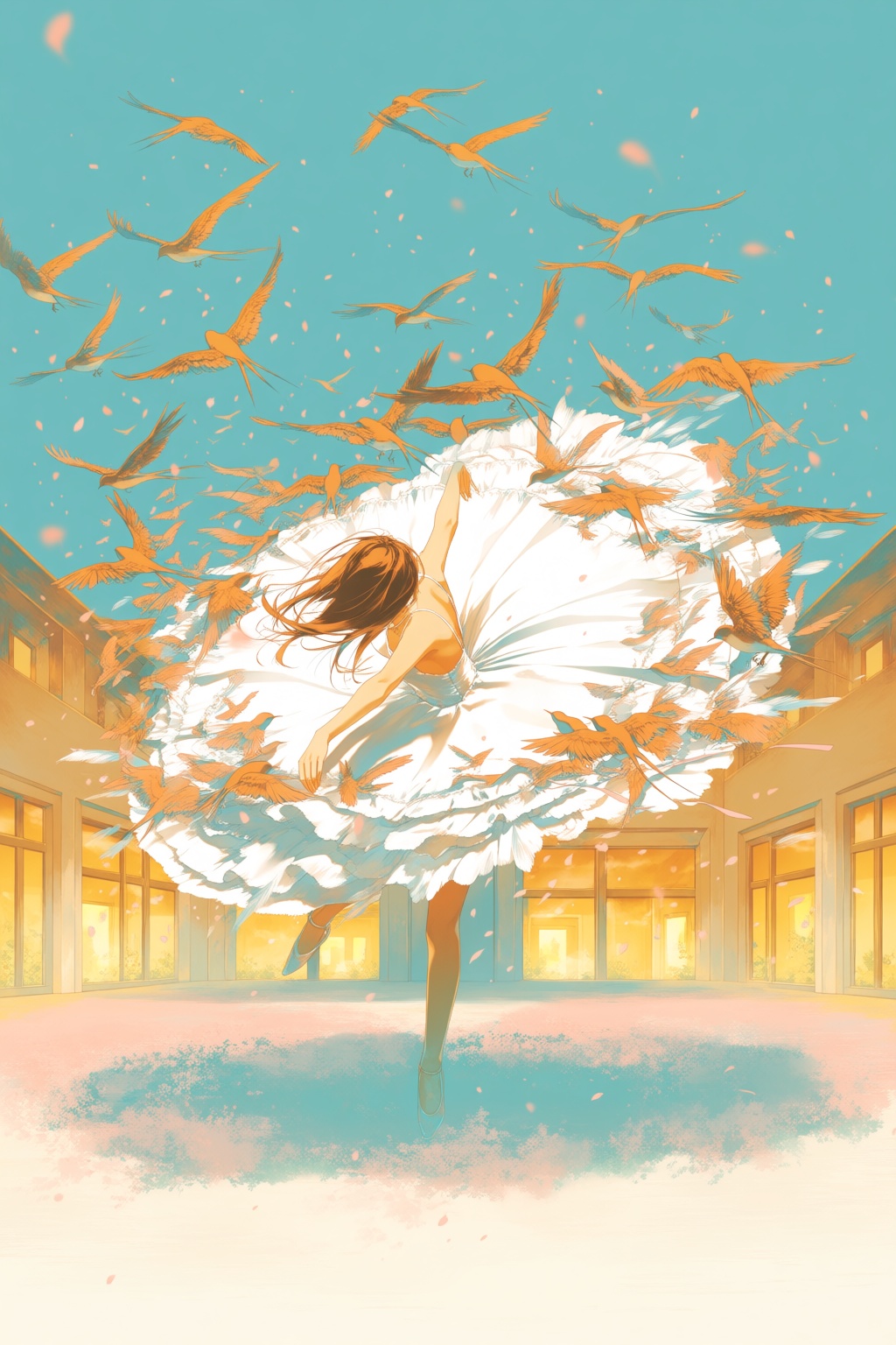 @re,  A surrealistic painting of a dancer spinning beneath a sky full of swallows. Their layered dress becomes a circular...