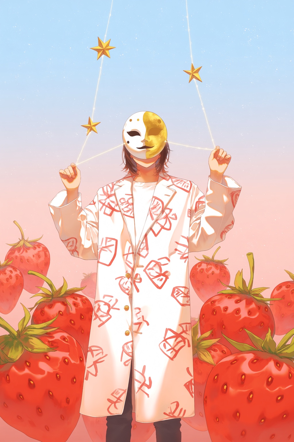 @re,  A dreamlike painting of a person wearing a mask shaped like the moon,  standing among giant floating strawberries. T...