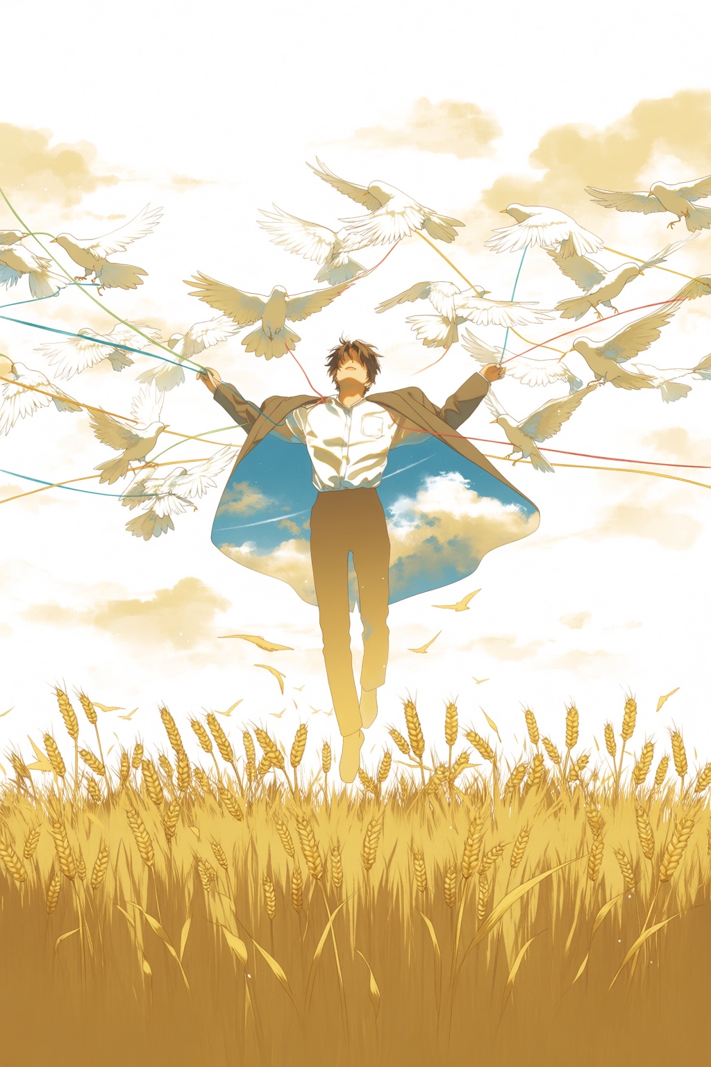 @re,  A surrealistic illustration depicts a man floating gently above a wheat field,  held aloft by dozens of small white...