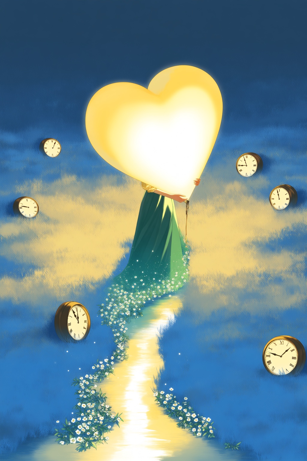 @re,  A painterly scene of a woman carrying an enormous glowing lantern shaped like a human heart. She walks through a fie...