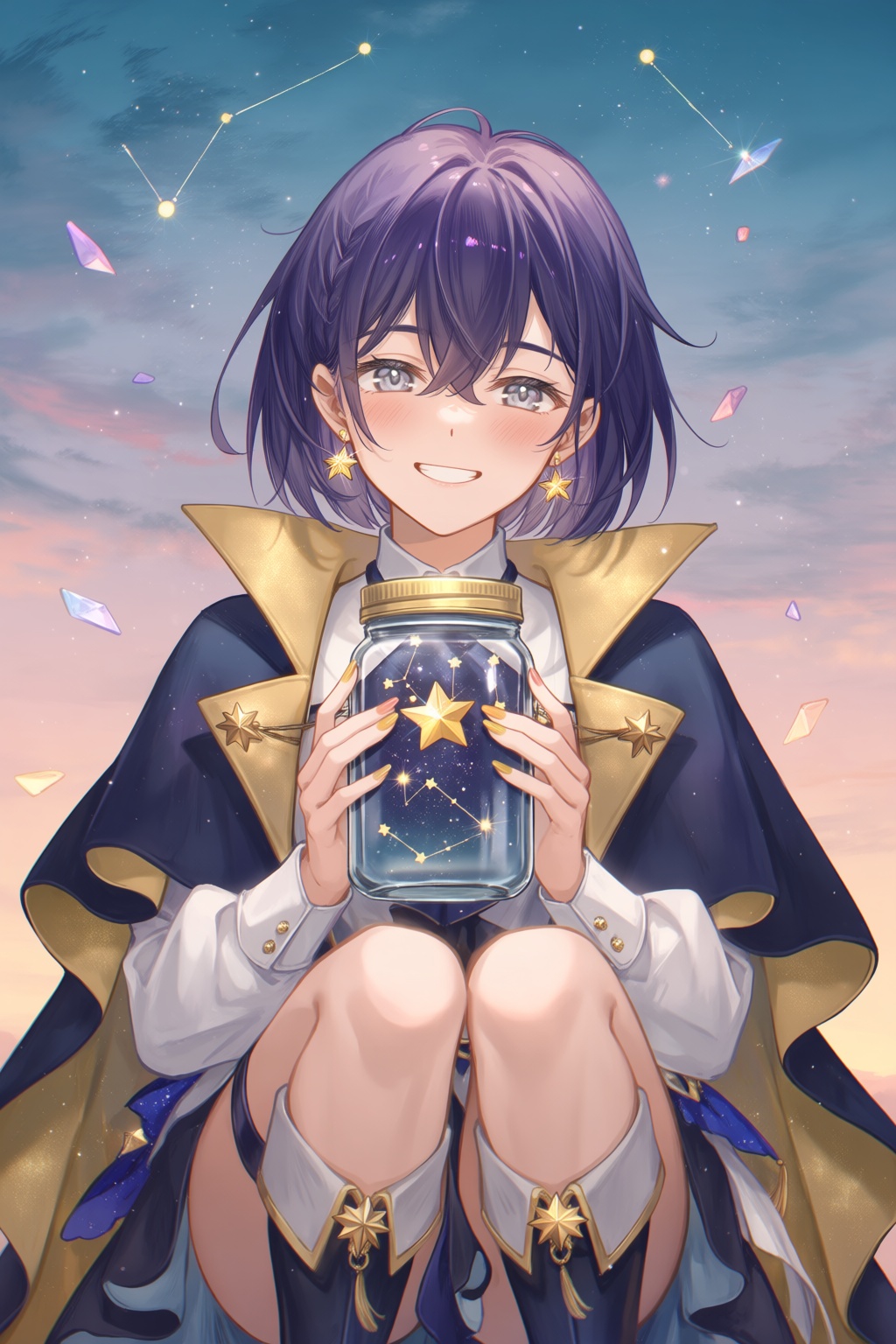 @TID,  12 - A whimsical fantasy portrait shows a cheerful star collector holding a glass jar filled with tiny glowing cons...