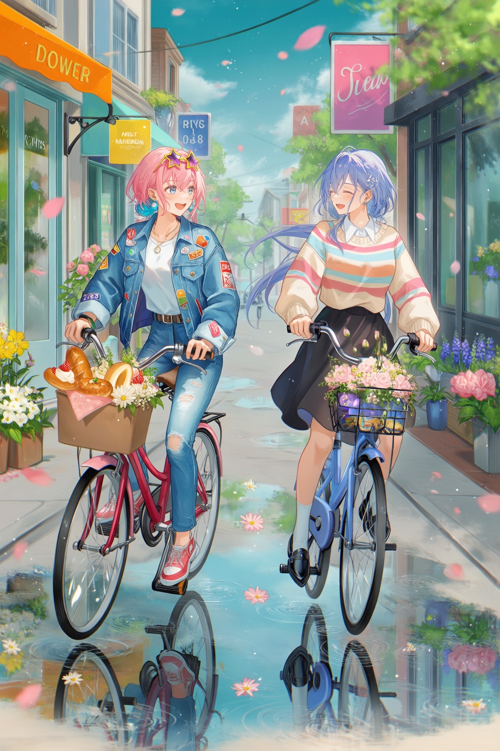 @TID,  6 - A lively digital illustration depicts two stylish friends riding bicycles through a flower-filled street after...