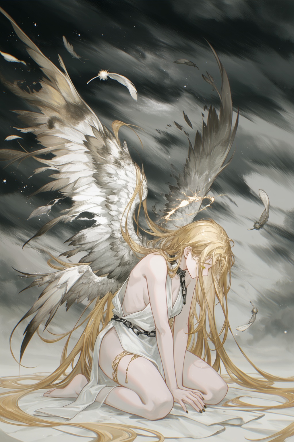 @TID,  A melancholic digital illustration depicts a celestial being in a state of sorrowful grace. The figure is kneeling,...