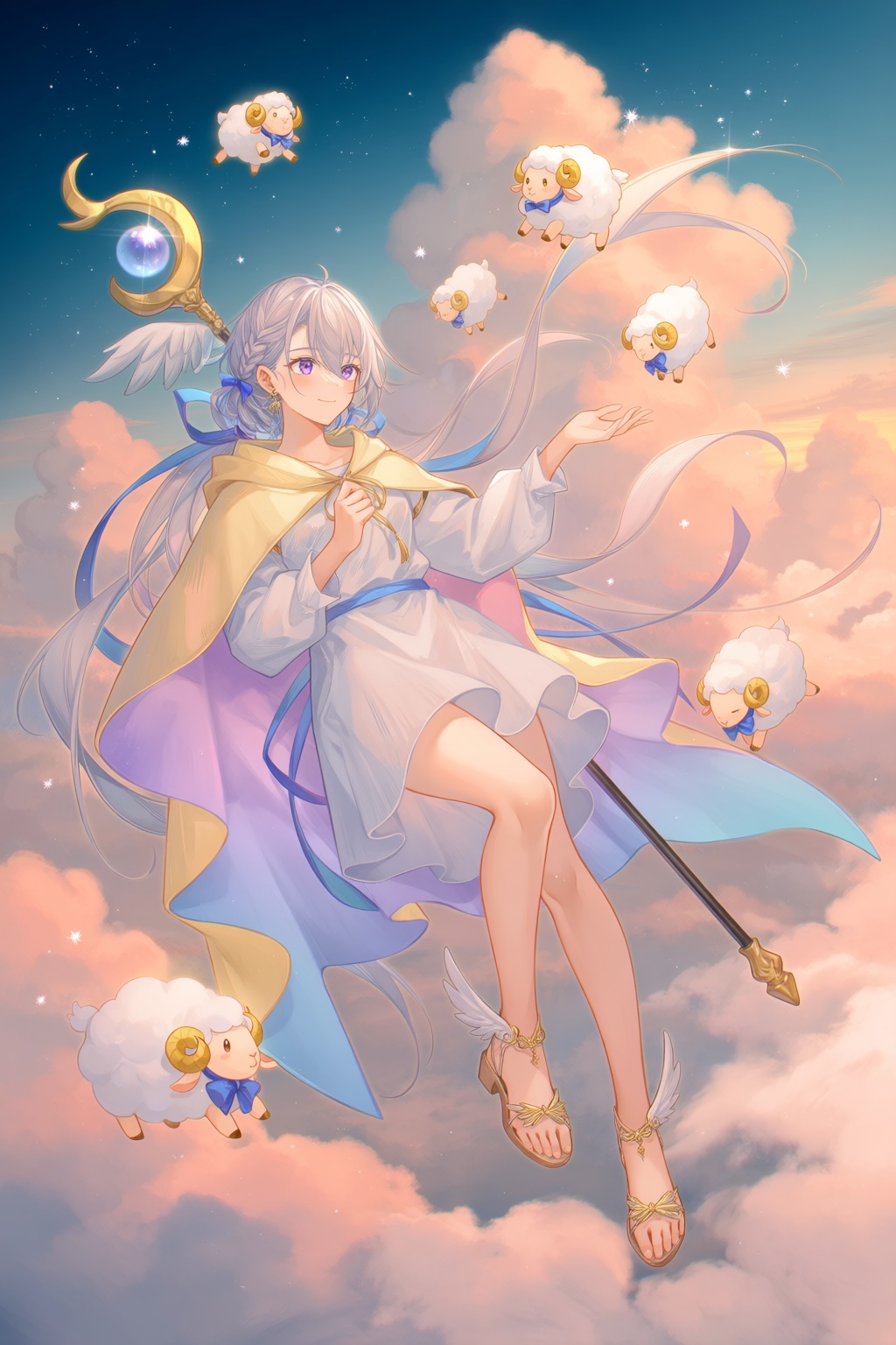 @TID,  7 - A dreamy fantasy artwork shows a gentle cloud shepherd floating among soft pink clouds,  guiding tiny sheep-sha...