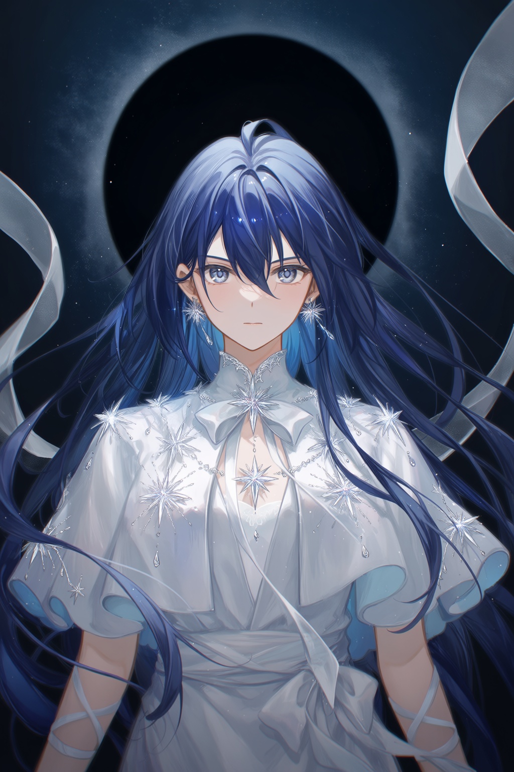 @TID,  A supernatural digital painting portrays a celestial figure with flowing midnight-blue hair and luminous silver eye...