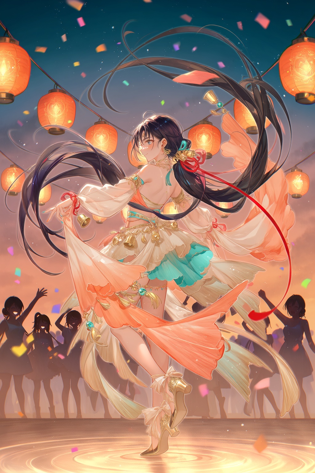 @TID,  9 - A colorful illustration shows a young festival dancer spinning beneath rows of lanterns. Their long black hair...