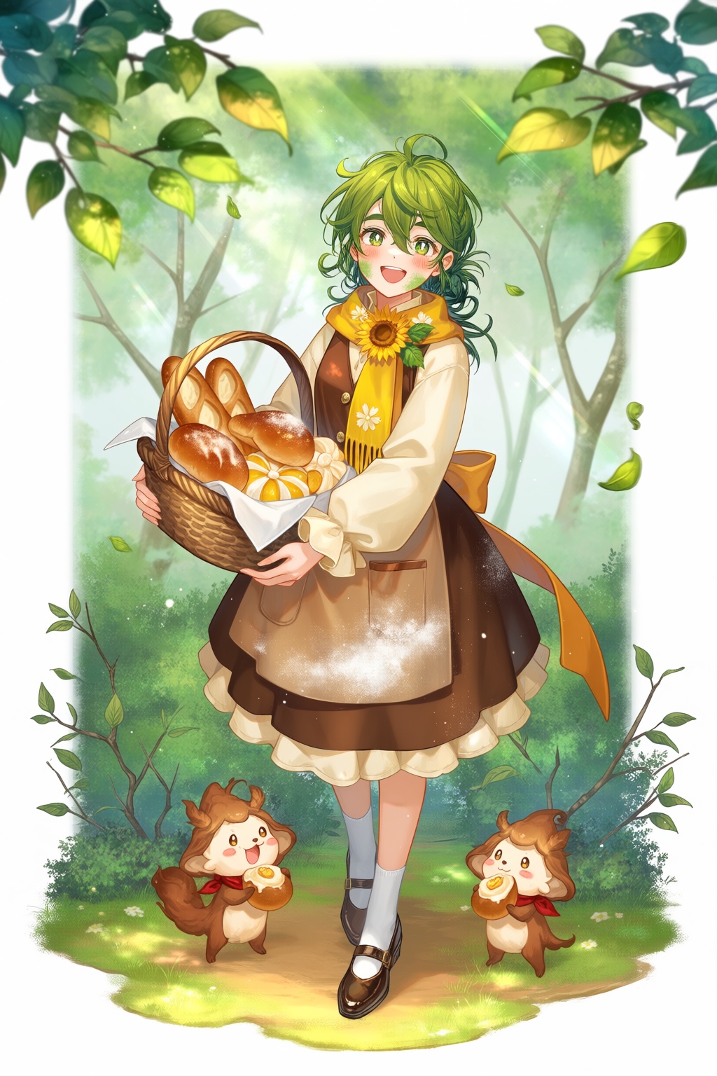@TID,  8 - A vibrant digital portrait features a cheerful forest baker carrying a basket of enchanted pastries. They have...