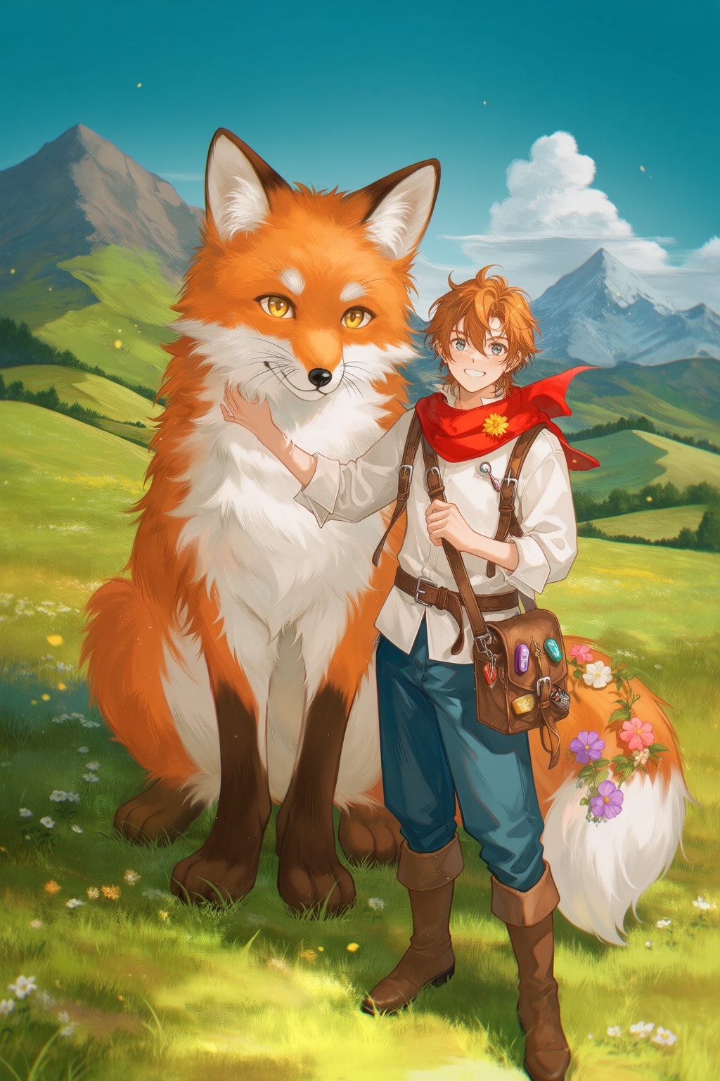 @TID,  11 - A sunny digital painting presents a young adventurer standing beside a giant friendly fox in a meadow. The adv...