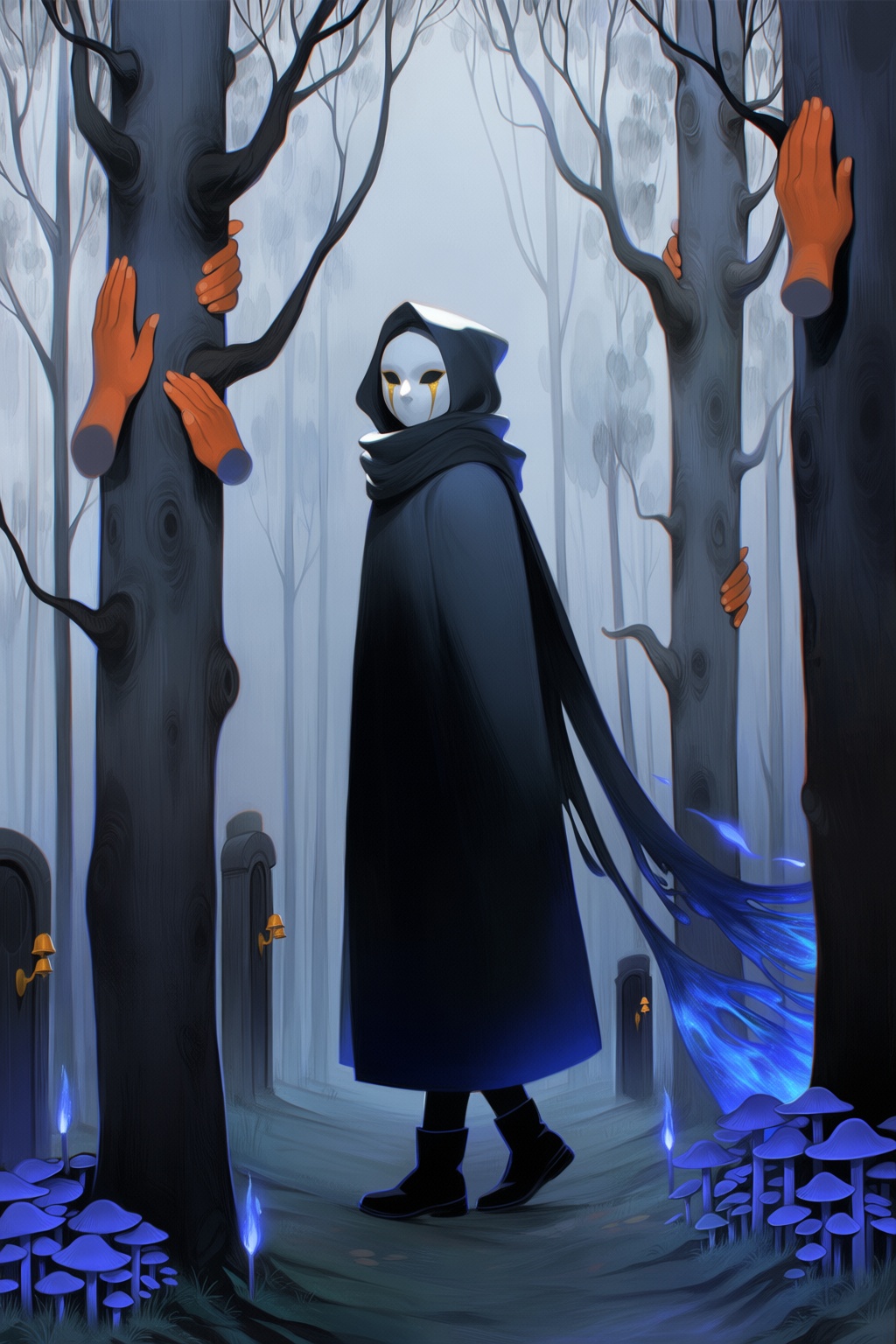 @loish,  surrealistic,  A surreal fantasy painting portrays a masked traveler walking through a forest where the trees hav...