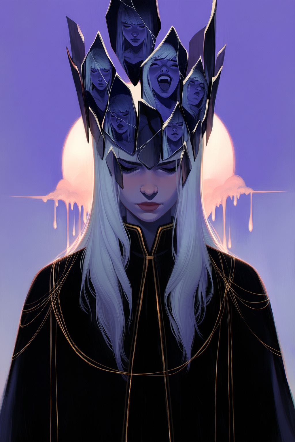@loish,  surrealistic,  A dark surrealistic portrait shows a regal figure with long white hair and a crown made of broken...