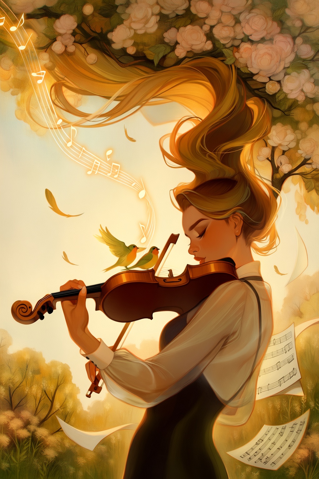 @loish,  surrealistic,  A surrealistic painting shows a musician playing a violin in a sunlit garden on Tensor.Art
