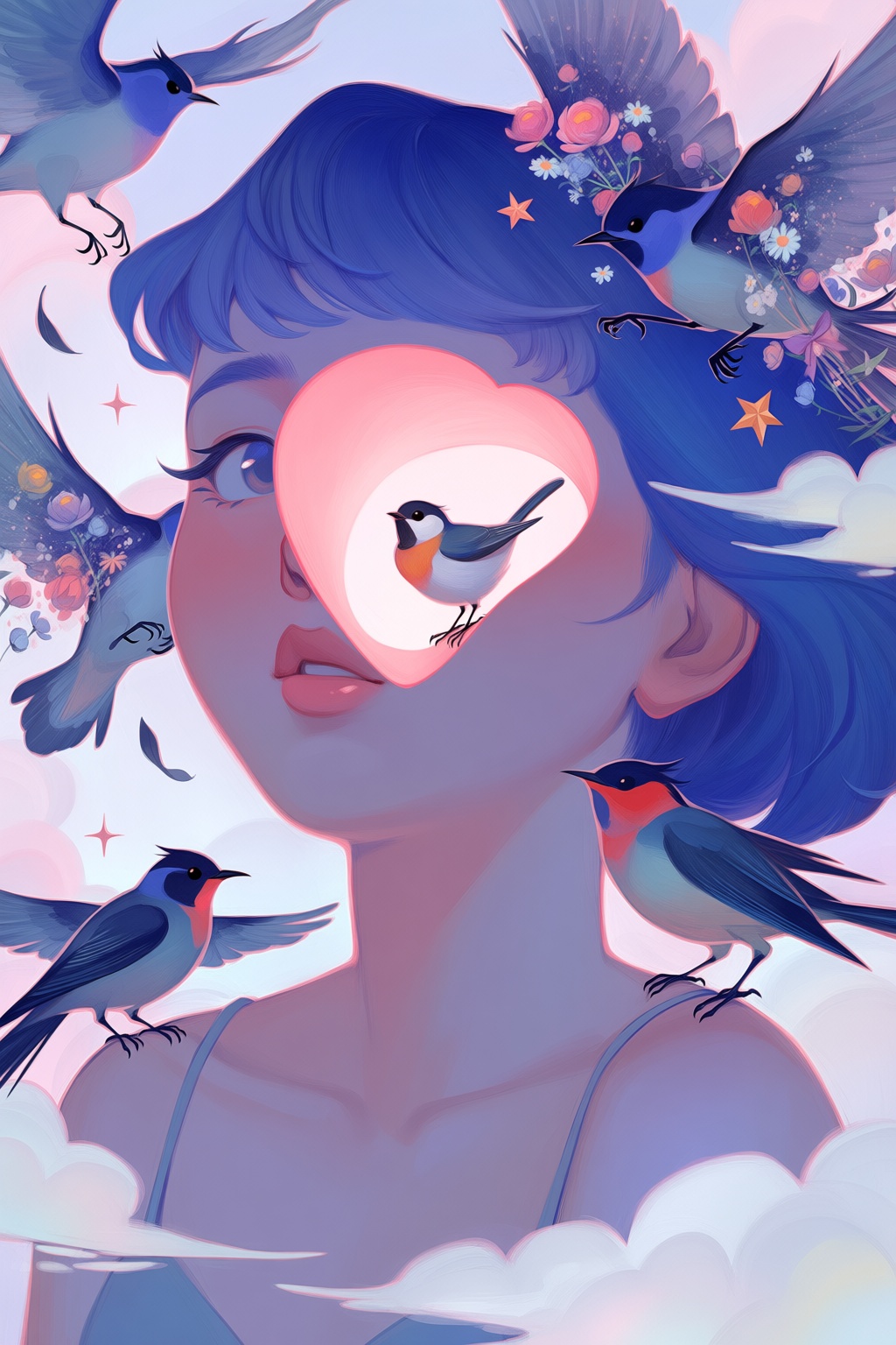 @loish,  surrealistic,  A dreamy portrait features a person with a small bird perched gently inside the hollow space where...