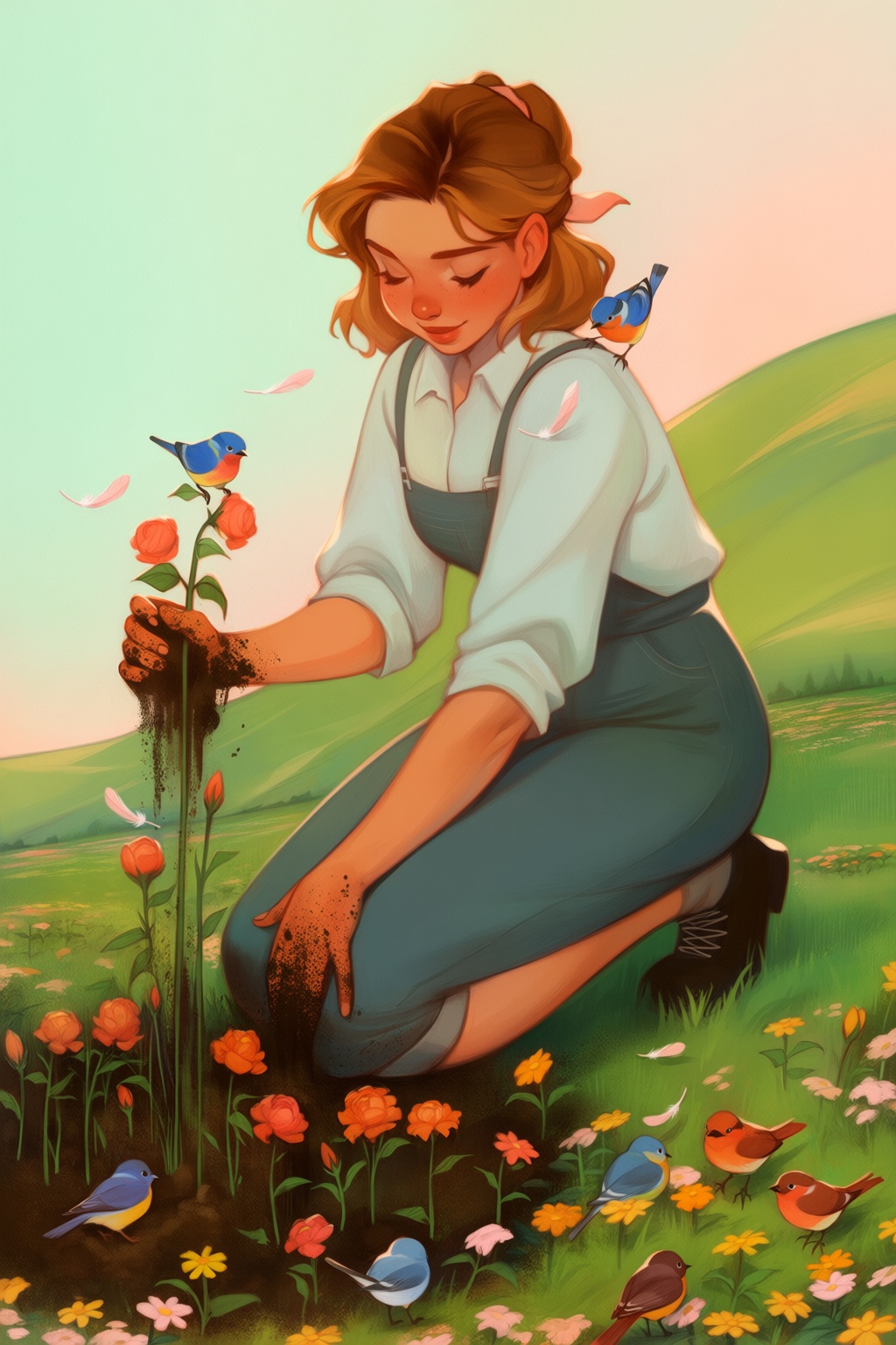 @loish,  surrealistic,  A dreamlike painting of a gardener kneeling in a field where flowers bloom into colorful birds. Th...