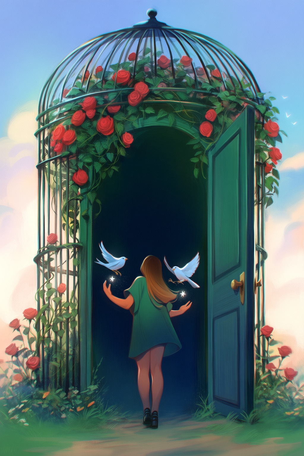 @loish,  surrealistic,  A surrealistic painterly composition shows a person standing inside an enormous birdcage with the...