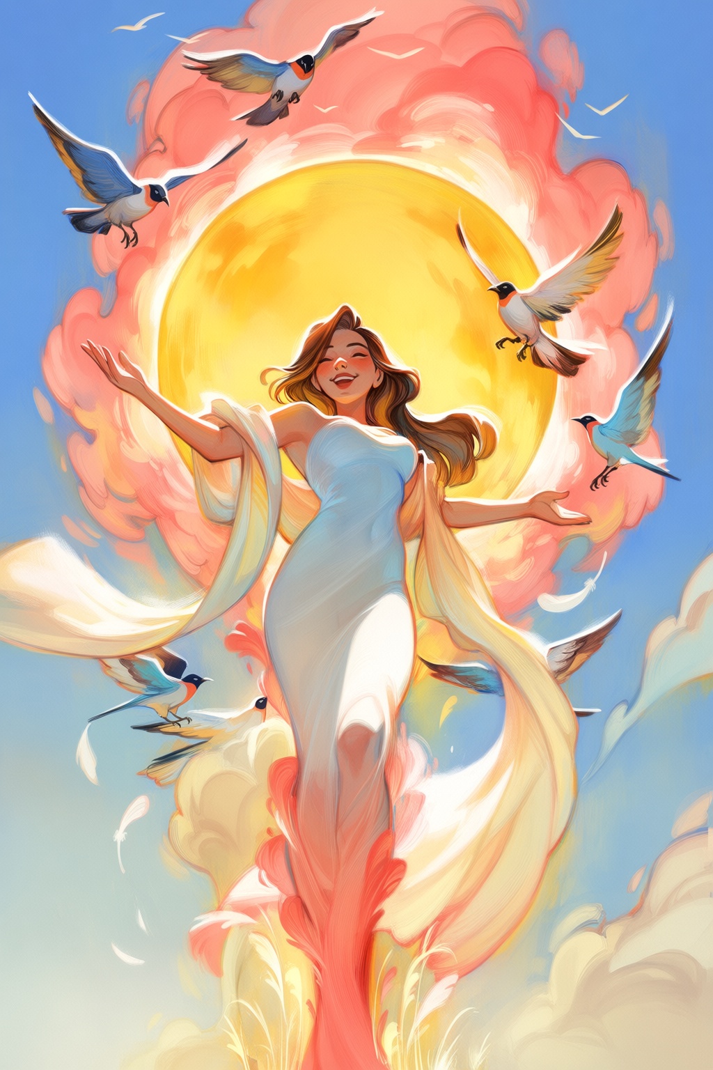 @loish,  surrealistic,  A painterly fantasy portrait of a joyful figure standing in front of a huge circular sun on Tensor...