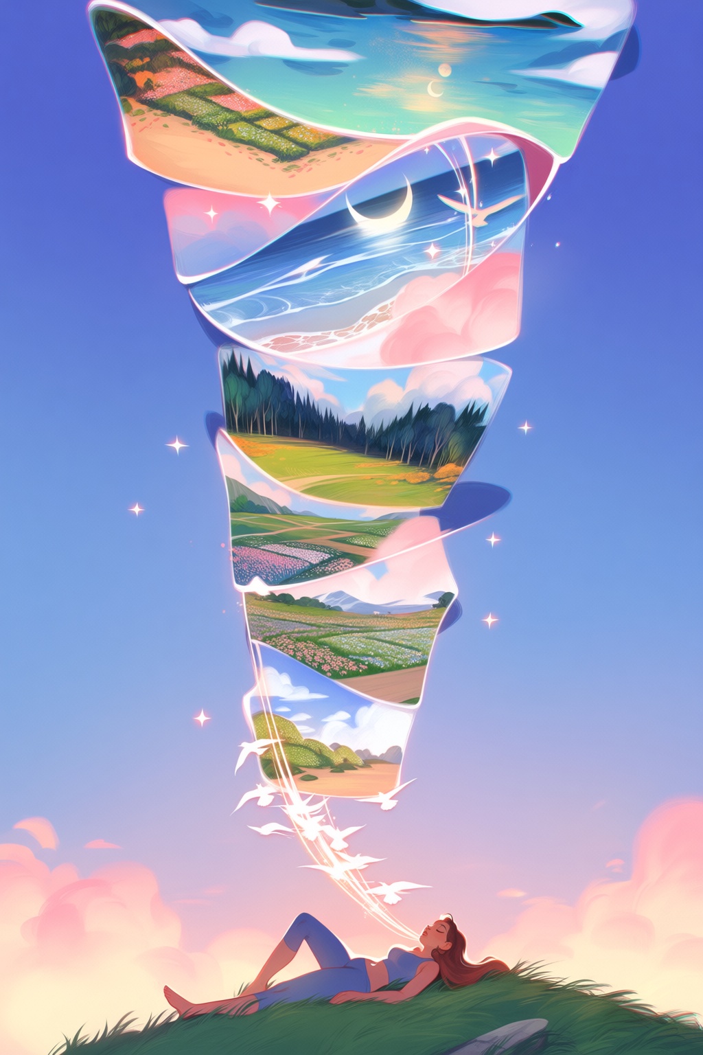 @loish,  surrealistic,  A surreal scene shows a person asleep on a grassy hill on Tensor.Art